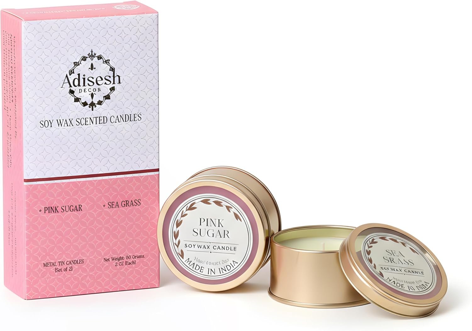 Soy Wax Scented Candles – Pink Sugar & Sea Grass (Set of 2) | Metal Tin Scented Candles for Home Decoration, Burn Time 14-15 Hrs Each, Luxury Fragrance Candles for Gifting