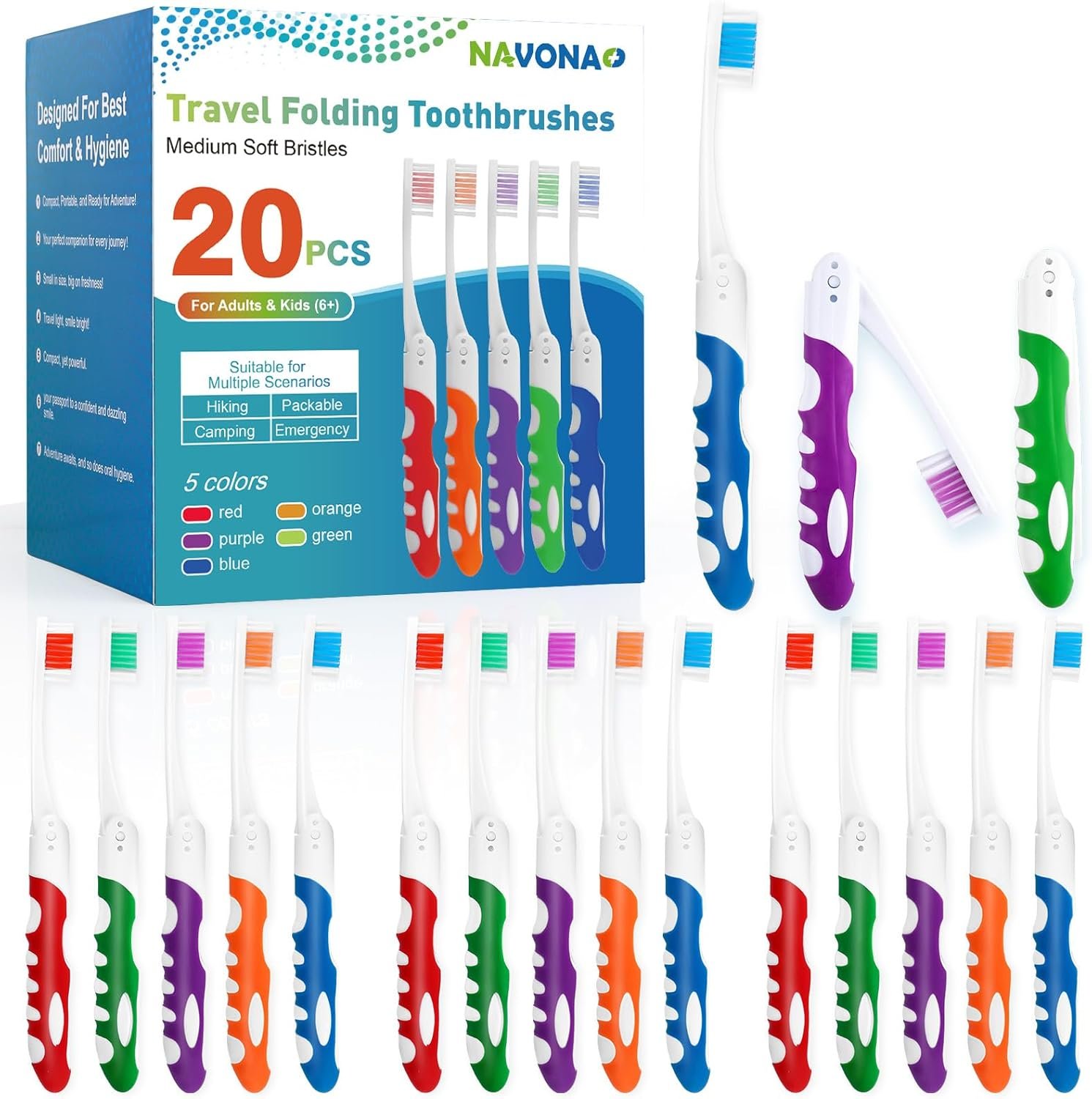 Navona 20 PCS Travel Toothbrush Set, Travel Size Folding Toothbrush