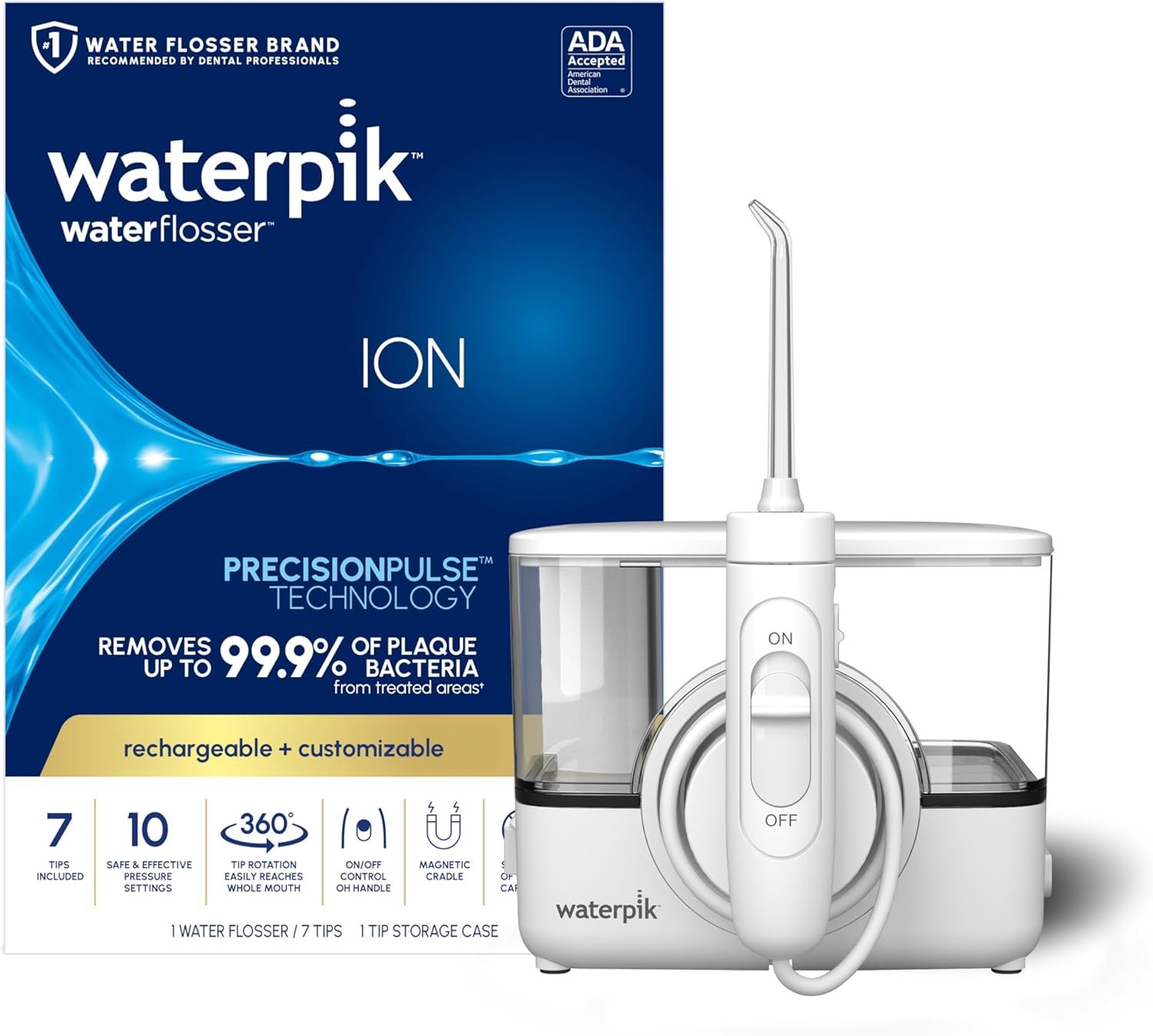 Waterpik ION Rechargeable Water Flosser with 10 Settings, 7 Tips, White