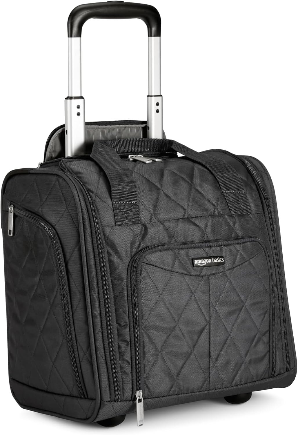 Amazon Basics Underseat Carry-On Luggage with Wheels, 14″ Rolling Travel Bag with Compartments and Handle, Airline Compliant, Front Pocket, Black Quilted