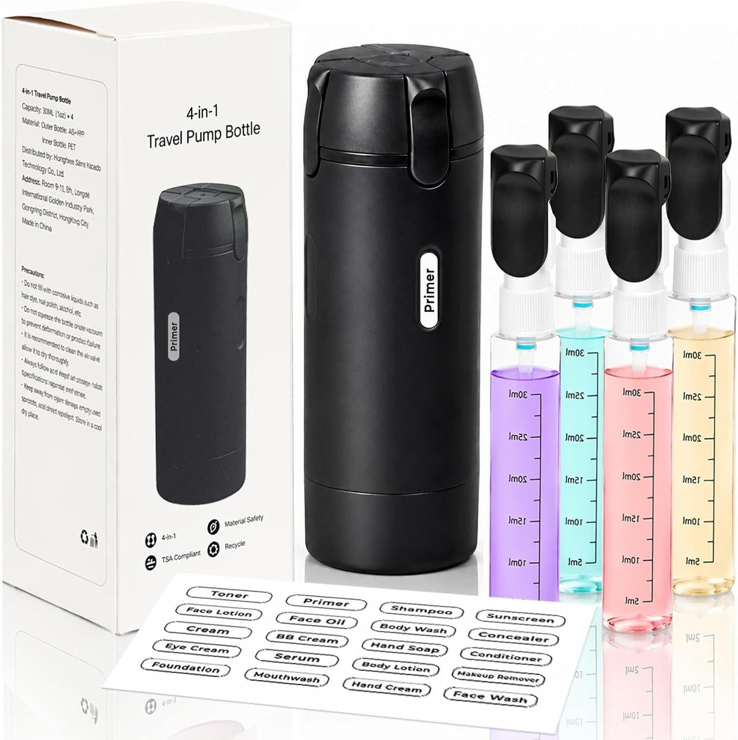 4 in 1 Travel Dispenser Bottle, Leakproof Travel Size Toiletries Holder, Refillable Portable Containers for Shampoo Lotion Conditioner Cream Transparent with Label (Black)