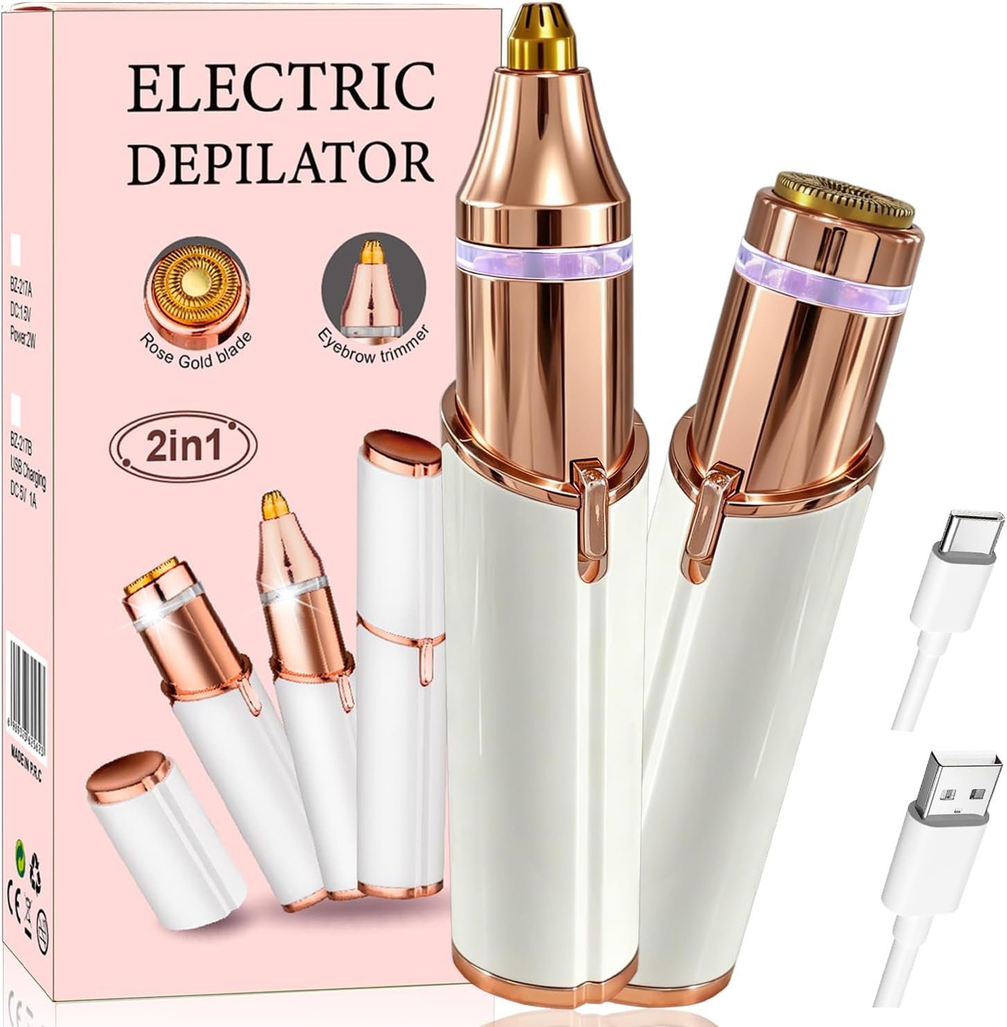 Facial Hair Removal for Women,2 in 1 Electric Hair Removal Device for Chin Upper Lip Peach Fuzz & Rechargeable Eyebrow Trimmer with LED Light for Precise Shaping