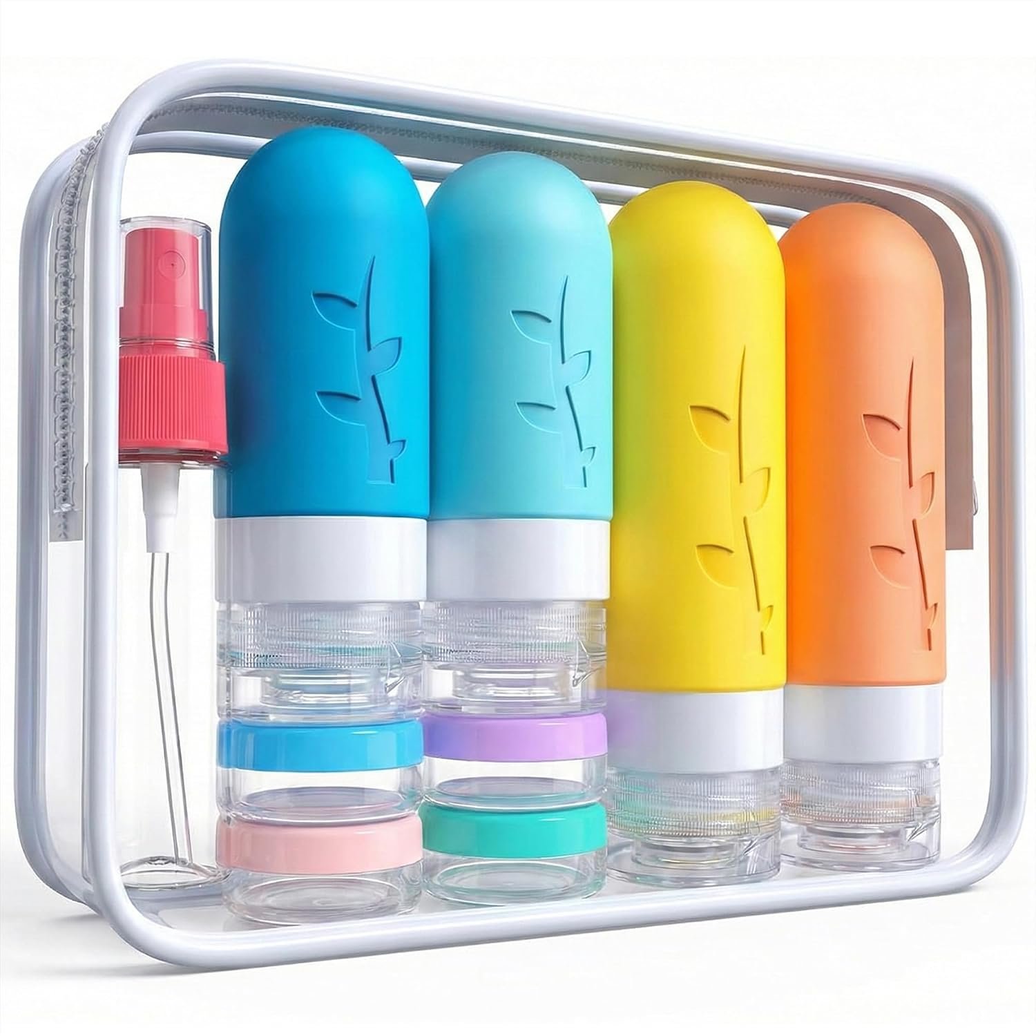 DEPOZA Travel Bottles Kit (16 Pack) – TSA Approved, Leak Proof Silicone Squeezable Containers for Toiletries. Complete Set with Jars, Sprayers & Bag (White)