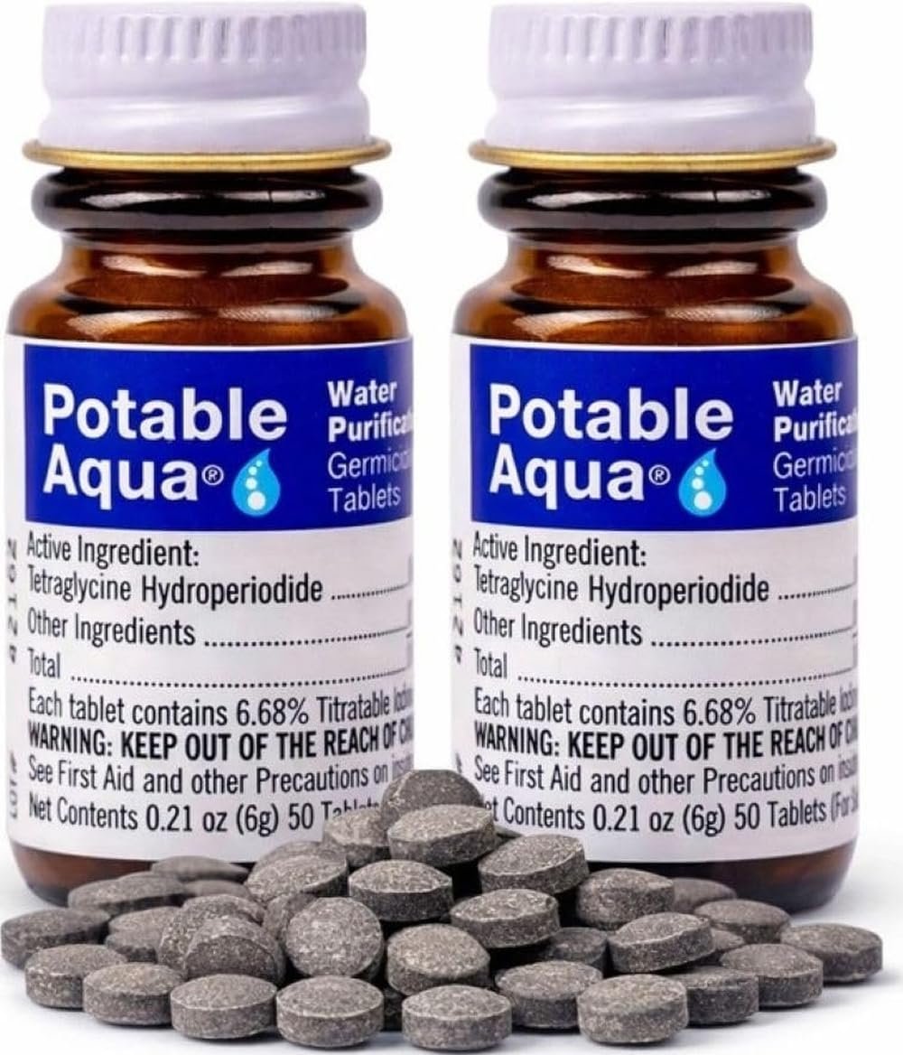 Potable Aqua Water Purification Tablets, Portable and Effective Water Purification Solution for Camping, Hiking, Emergencies, Natural Disasters and International Travel, Two 50ct Bottles, Blue