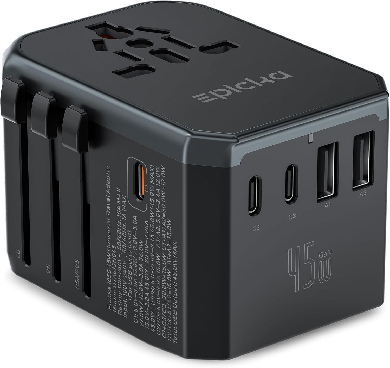 EPICKA 45W Universal Travel Adapter PD&QC, 1AC/4USB-C/1USB-A