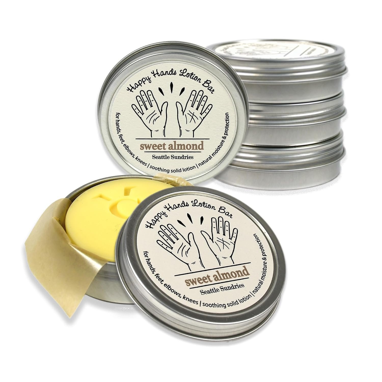 Seattle Sundries Sweet Almond Natural Beeswax & Shea Butter 6x (1.15oz) Hand Made Solid Lotion Bars in tins- Moisturize & Protect Dry Skin – for Women & Men, Work & Home Pack Bundle Set