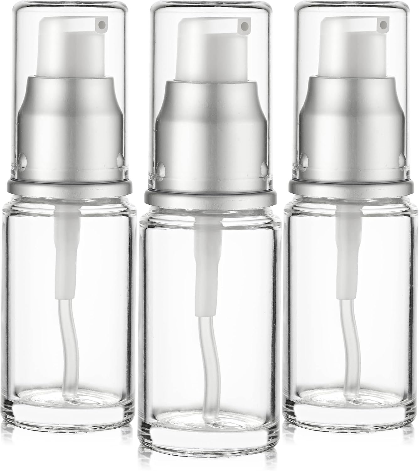 VitalUp 0.5 Oz 15ml Refillable Luxury Clear Glass Lotion Travel Pump Bottle with Silver Cap for Cosmetics, Lotion, Body Cream, Sanitizers, Cream, Foundation (Pack of 3) | Silver Cap, Luxury, Serum, Foundation, Body Cream, Sanitizer, Cosmetics, Travel