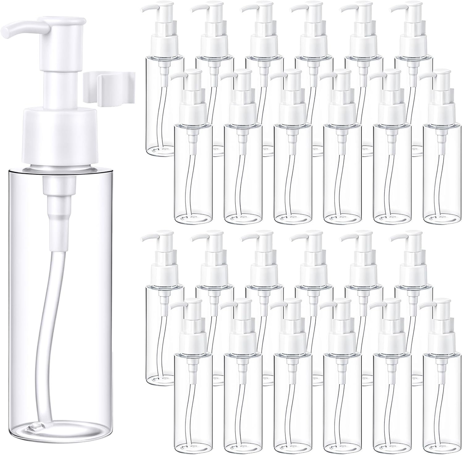 24-Pack Plastic Pump Bottle Dispenser, 3.4oz (100ml) Empty Pump Bottles, Clear Refillable Travel Containers for Lotion, Shampoo, Leak-Proof, Ideal for Travel & Daily Use