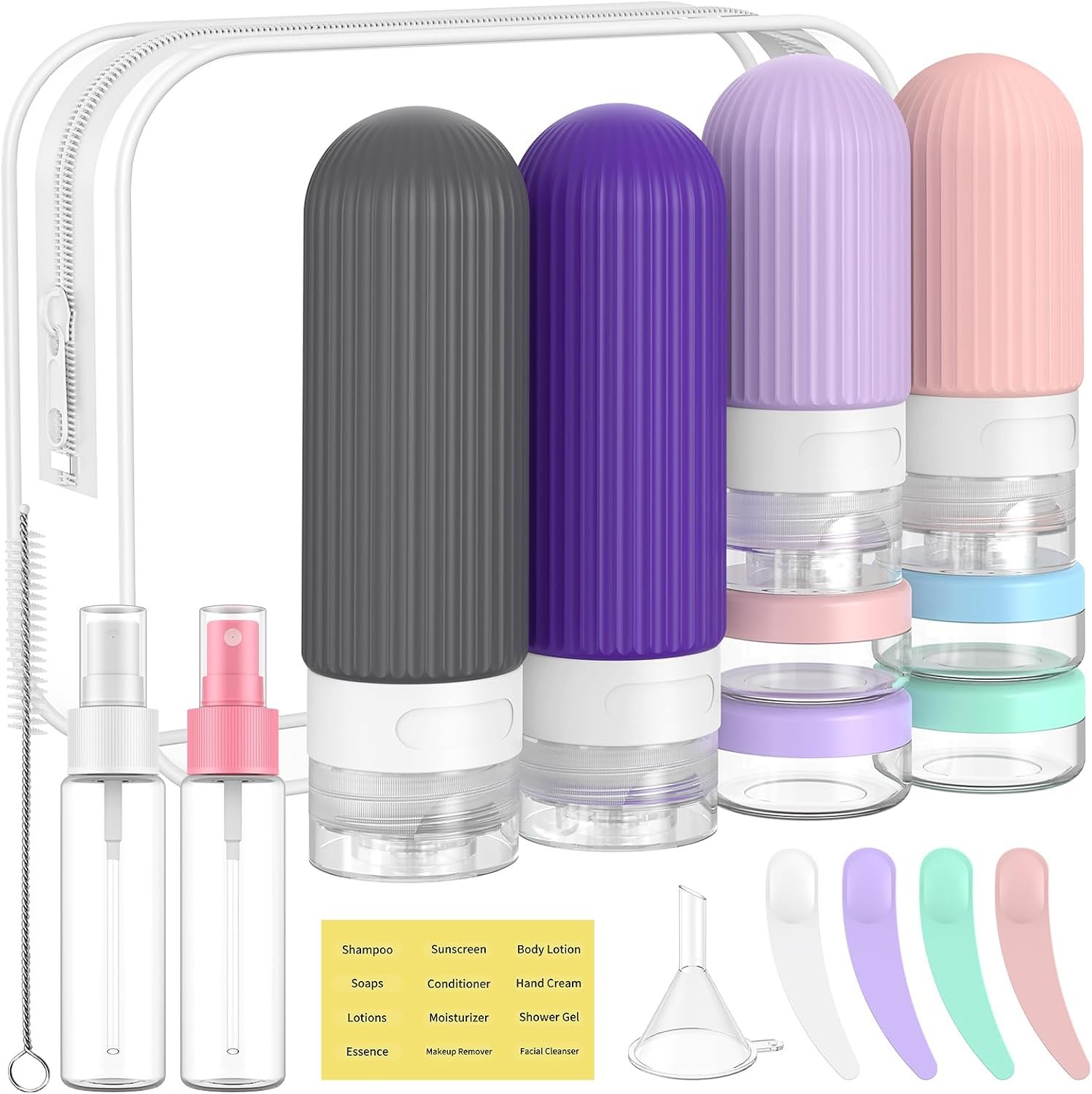 ME.FAN Travel Bottles for Toiletries,18 Pack Silicone Portable Size Bottle, TSA Approved Refillable Cosmetic Container Kits for Conditioner, Shampoo, Lotion,Face Cream – Purple
