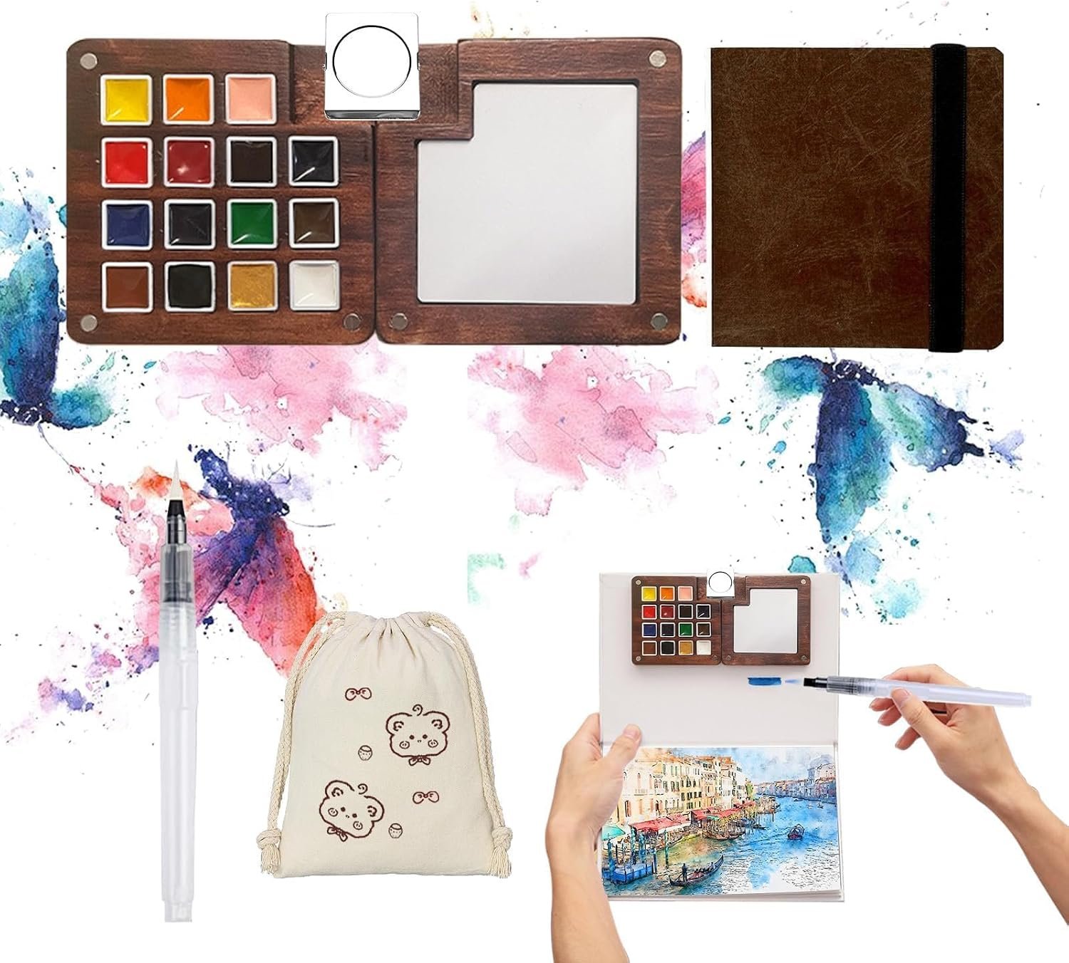 Travel Watercolor Paint Set – Pocket 15-Color Mini Kit with Sketchbook