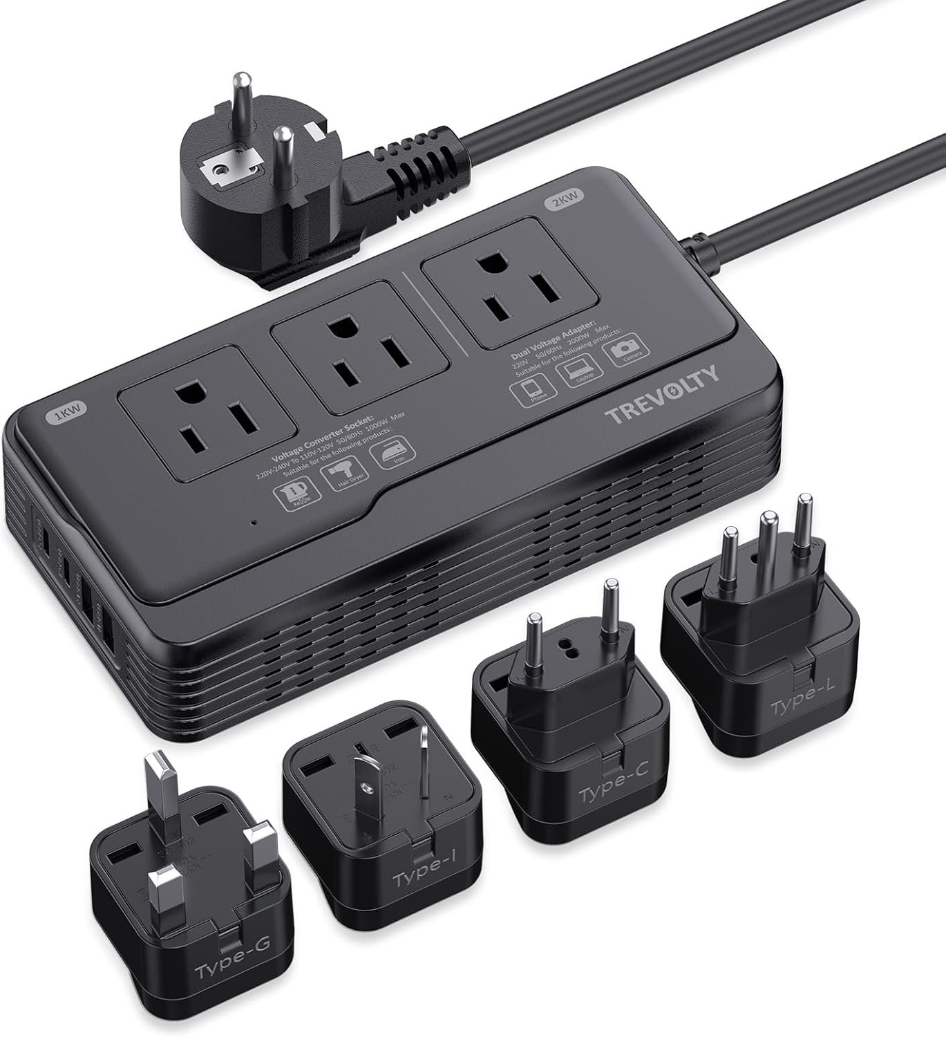 2000W Voltage Converter US to Europe for Hair Dryers, 7-in-1 220V to 110V Converter for European Travel with 3 AC/2 USBA/2 USBC Ports, Power Converter Adapter Combo with Type C/G/I/L Plugs (Black)