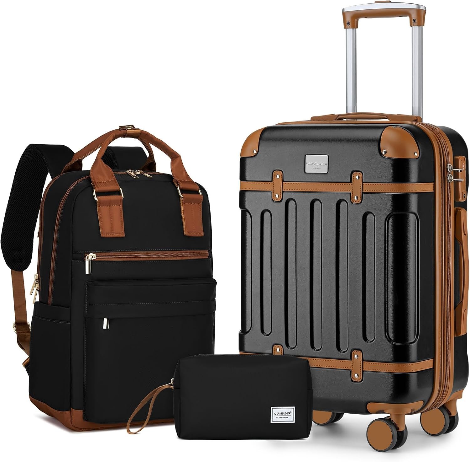 LARVENDER Expandable Carry on Luggage Sets 3 Piece Suitcases Set, Black