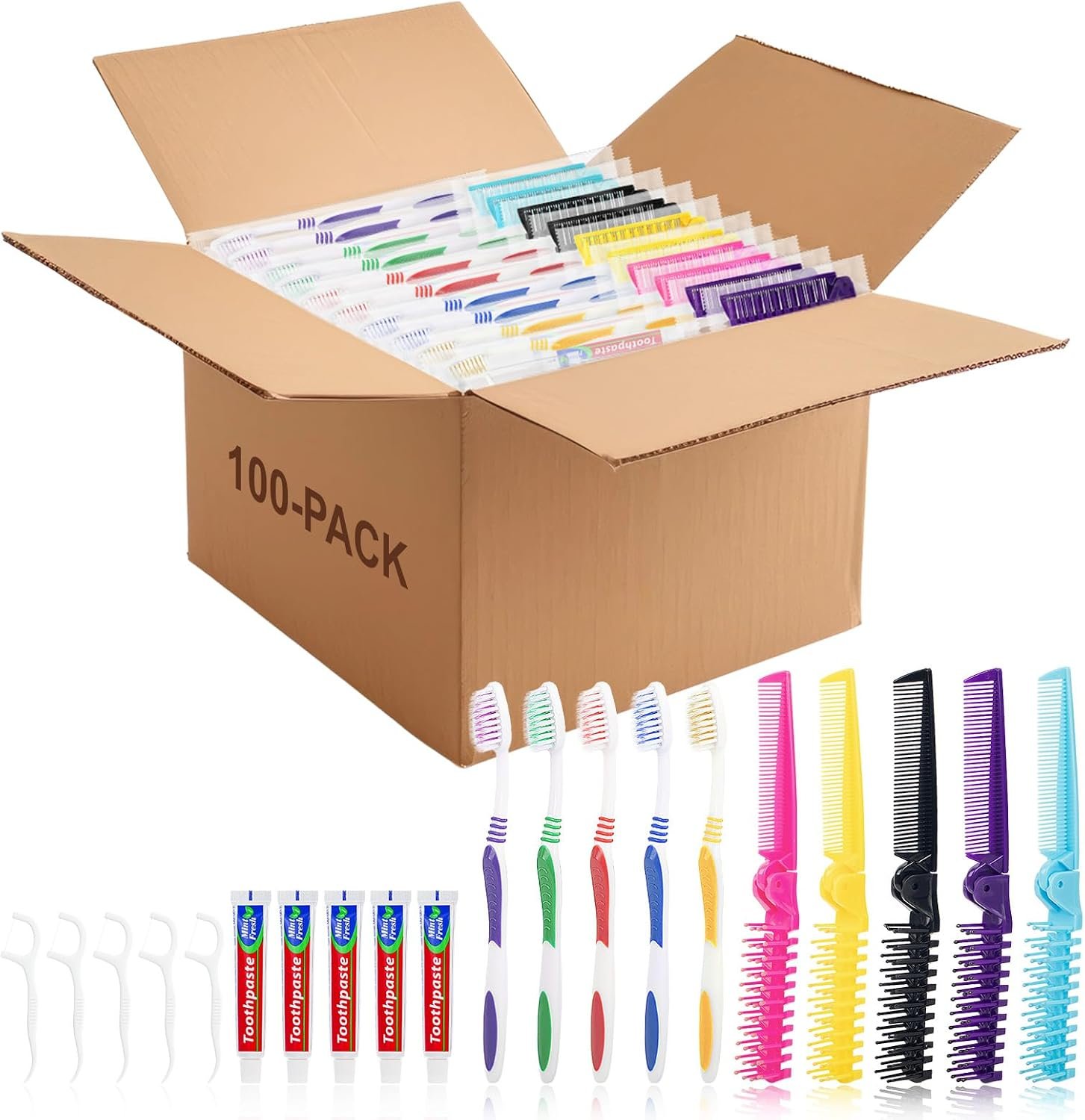 Disposable Toothbrushes with Toothpaste Dental Floss Picks Combs (100 Pack)