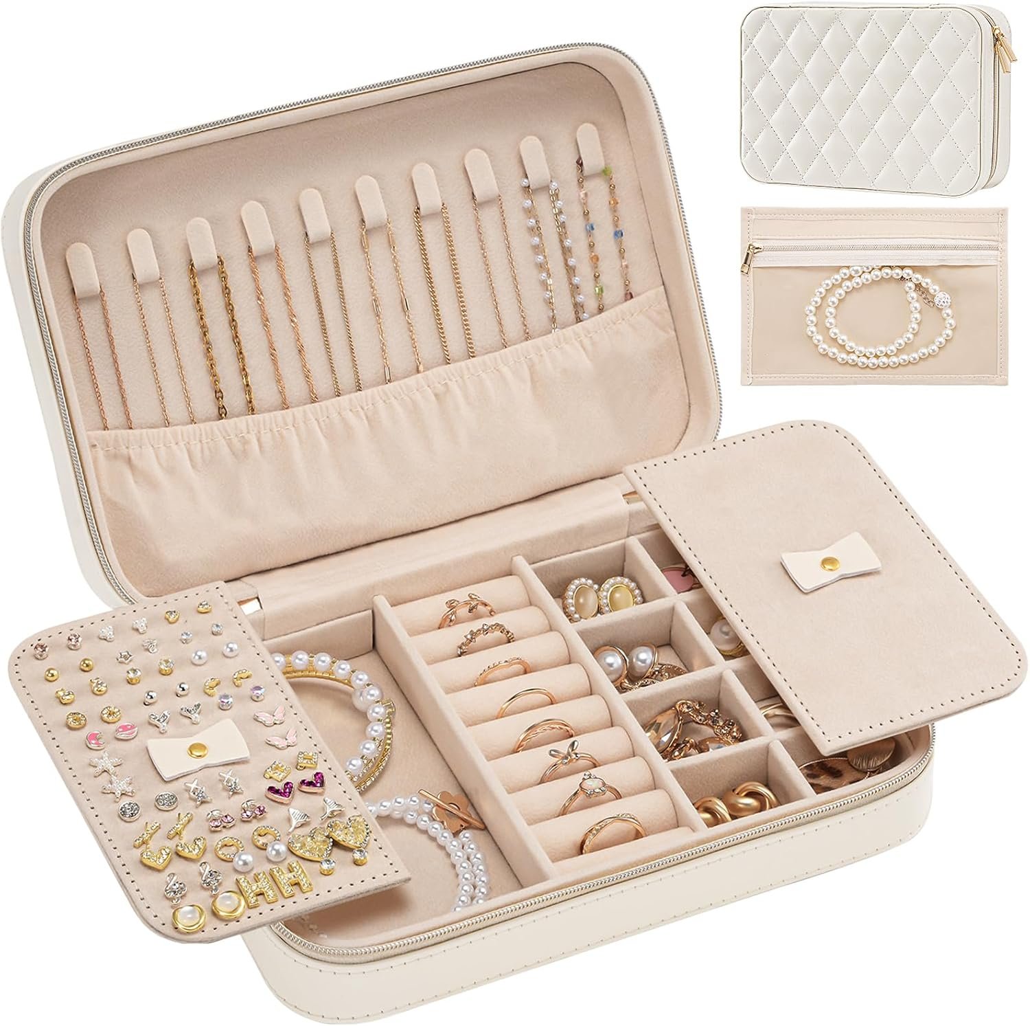 Lolalet Travel Jewelry Case for Women Girls -Medium, White