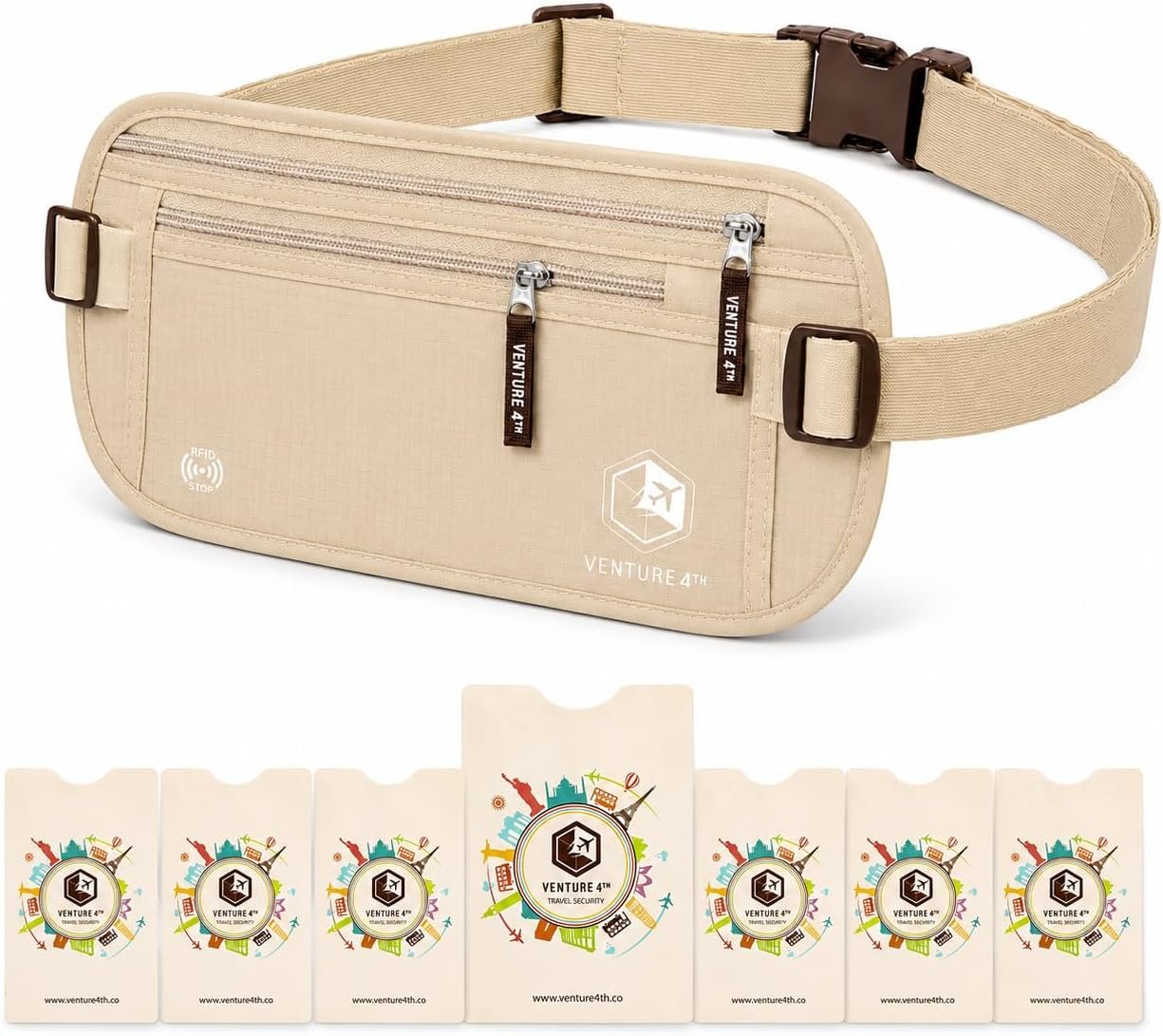 VENTURE 4TH Travel Money Belt with 7 RFID Sleeves – Beige