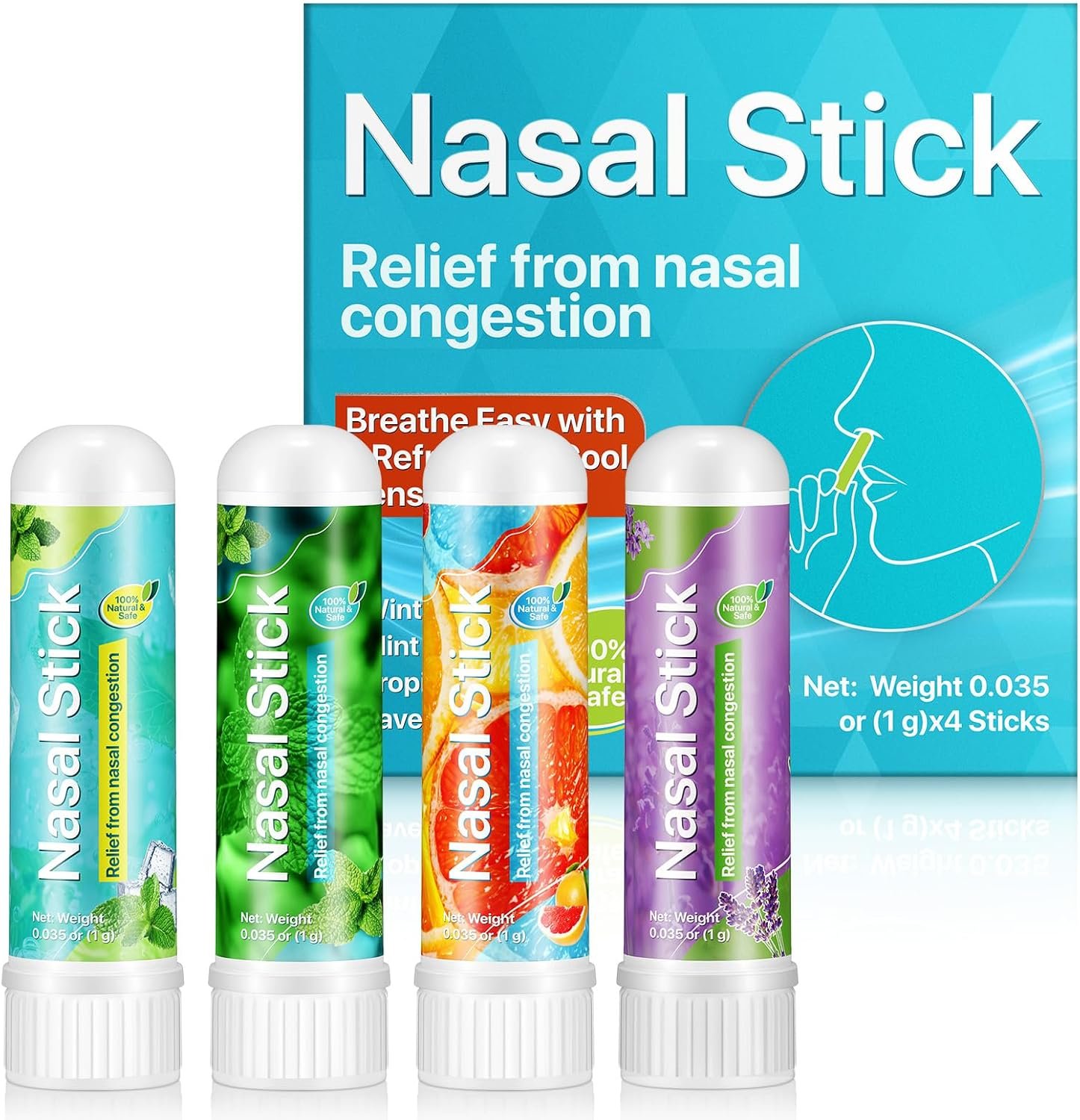 4 Scented Nasal Sticks ，Nasal Inhaler Stick ，Nose Inhaler Boost Energy Set – Enhance Focus & Breathe Better,Pure Natural Ingredients， Provides Fresh Cooling Sensation