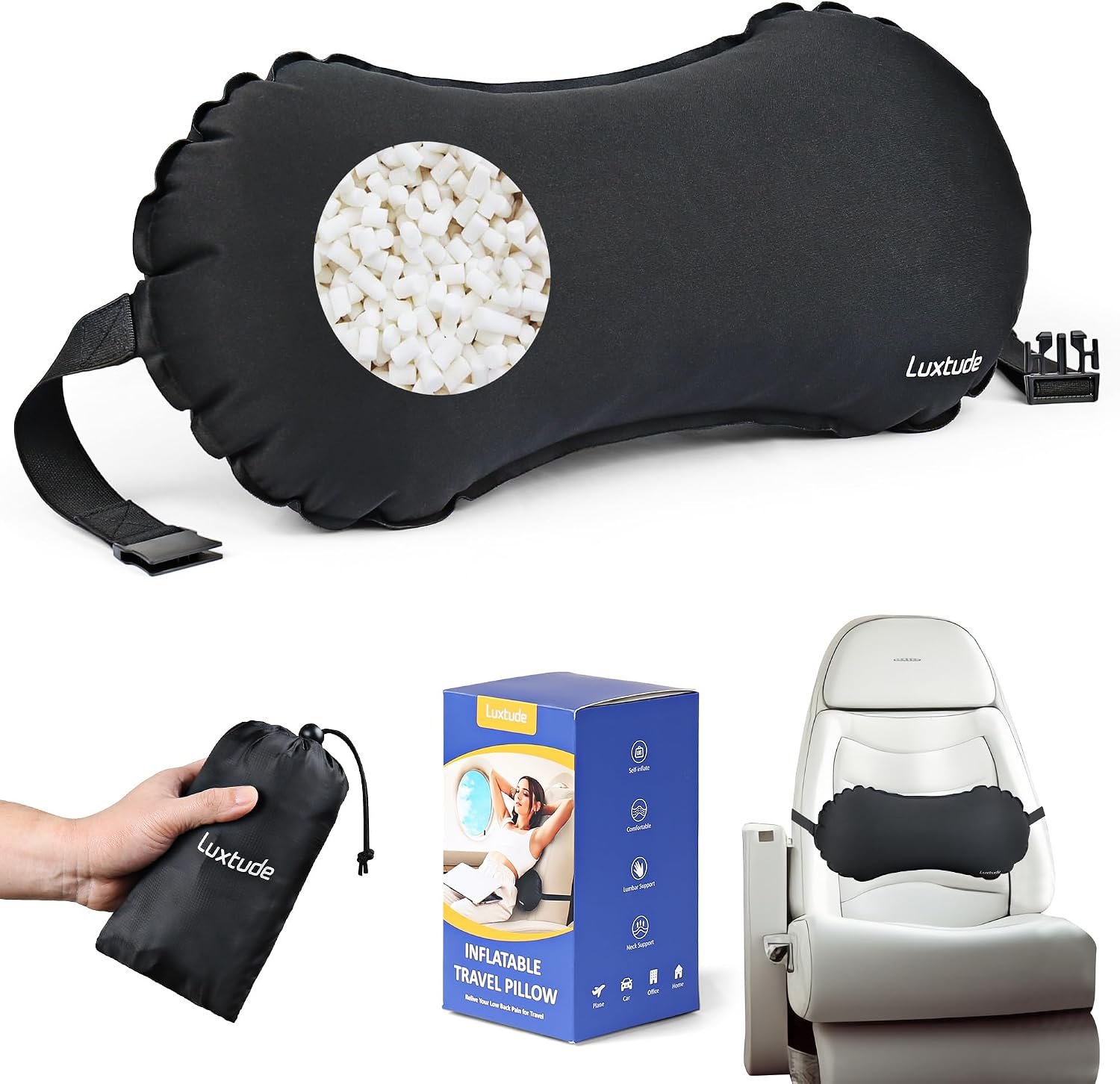 Luxtude Inflatable Lumbar Pillow for Airplane Travel, Travel Lumbar Pillow