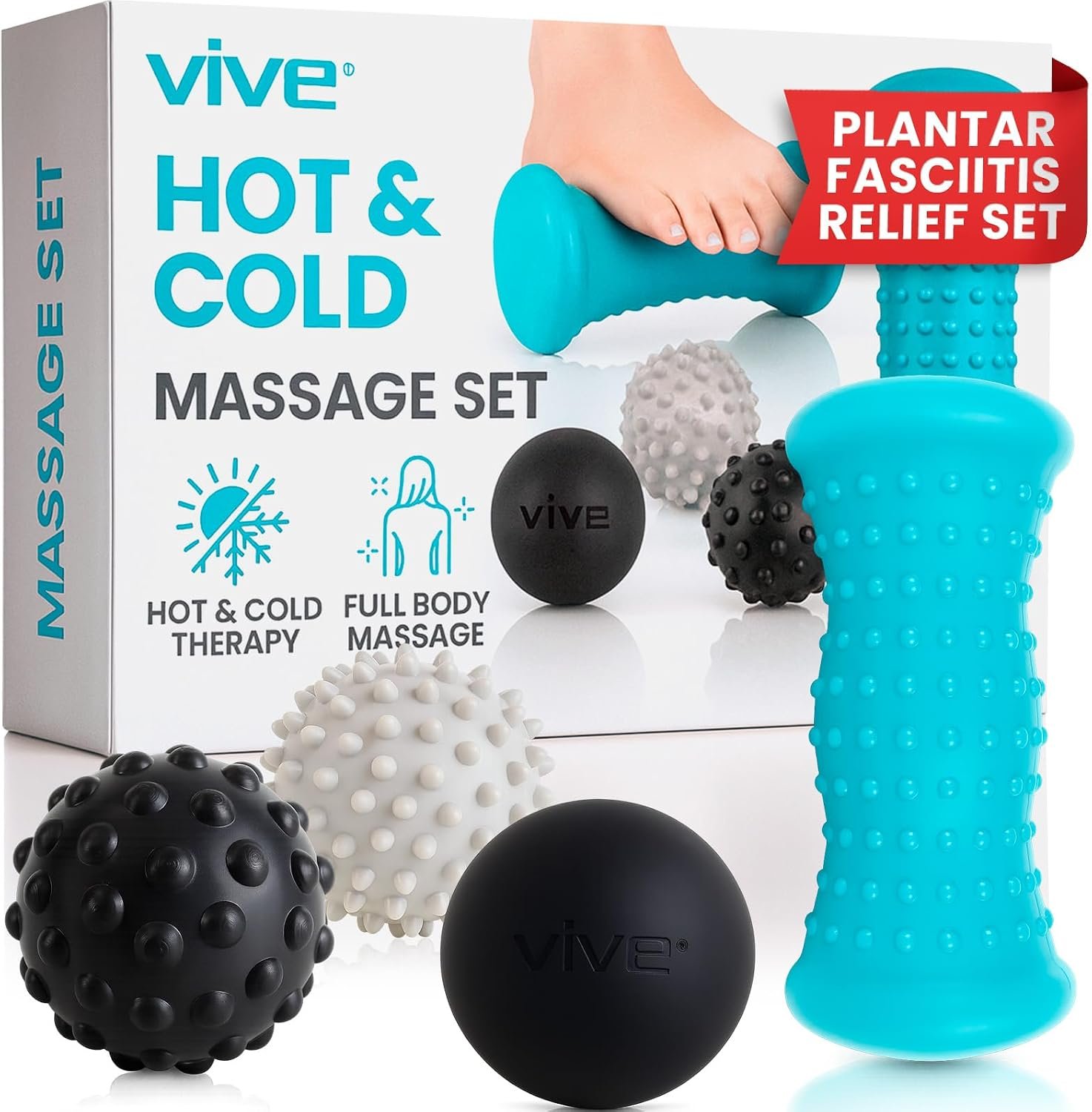 Vive Massage Ball Set (4 Piece) – Plantar Fasciitis Relief Foot Pain Hot