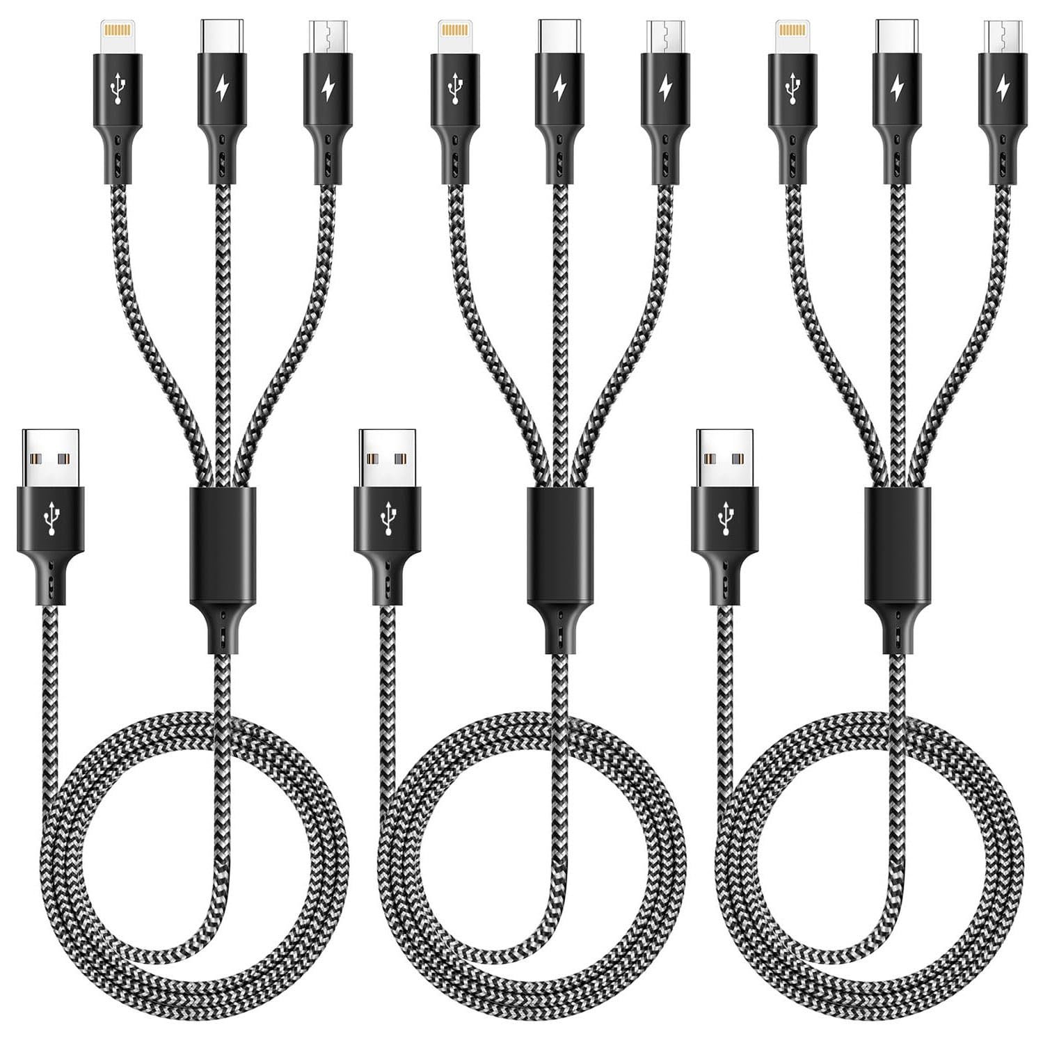 ASICEN 3 in 1 Multiple Charging Cord, Braided Multi Charger Cable USBC Charging Cable Universal USB Cable with Type C/Micro USB Port for Cell Phones, iPhone 17 16 15 14 13 Series, Tablets, More | USB Cord with Type-C, Micro USB and IP Port for iPhone 17/16/15/14/13/iPad/Android/Tablets, Car, Travel