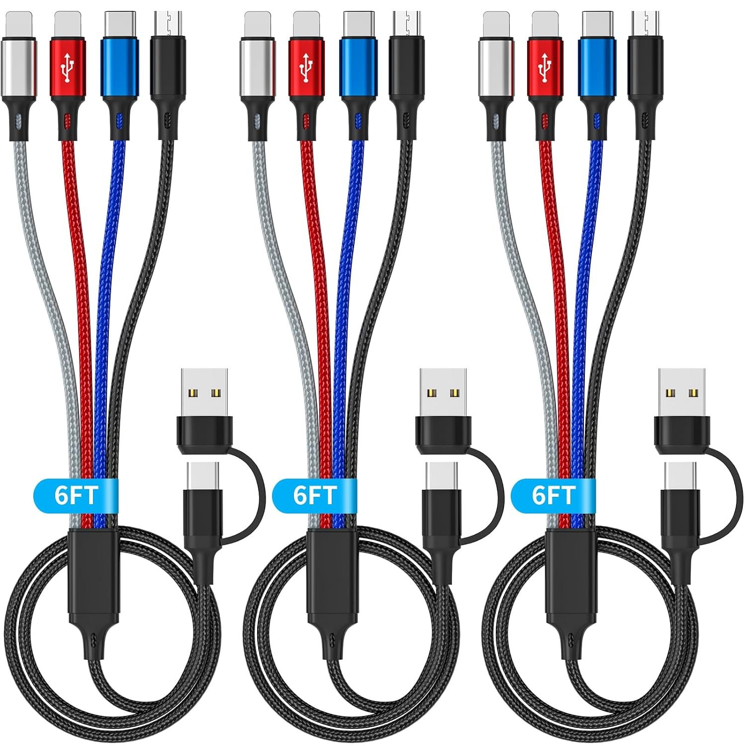 6 in 1 Multi Charging Cable (3Pack 6FT) USB A/C Universal Charger Cable