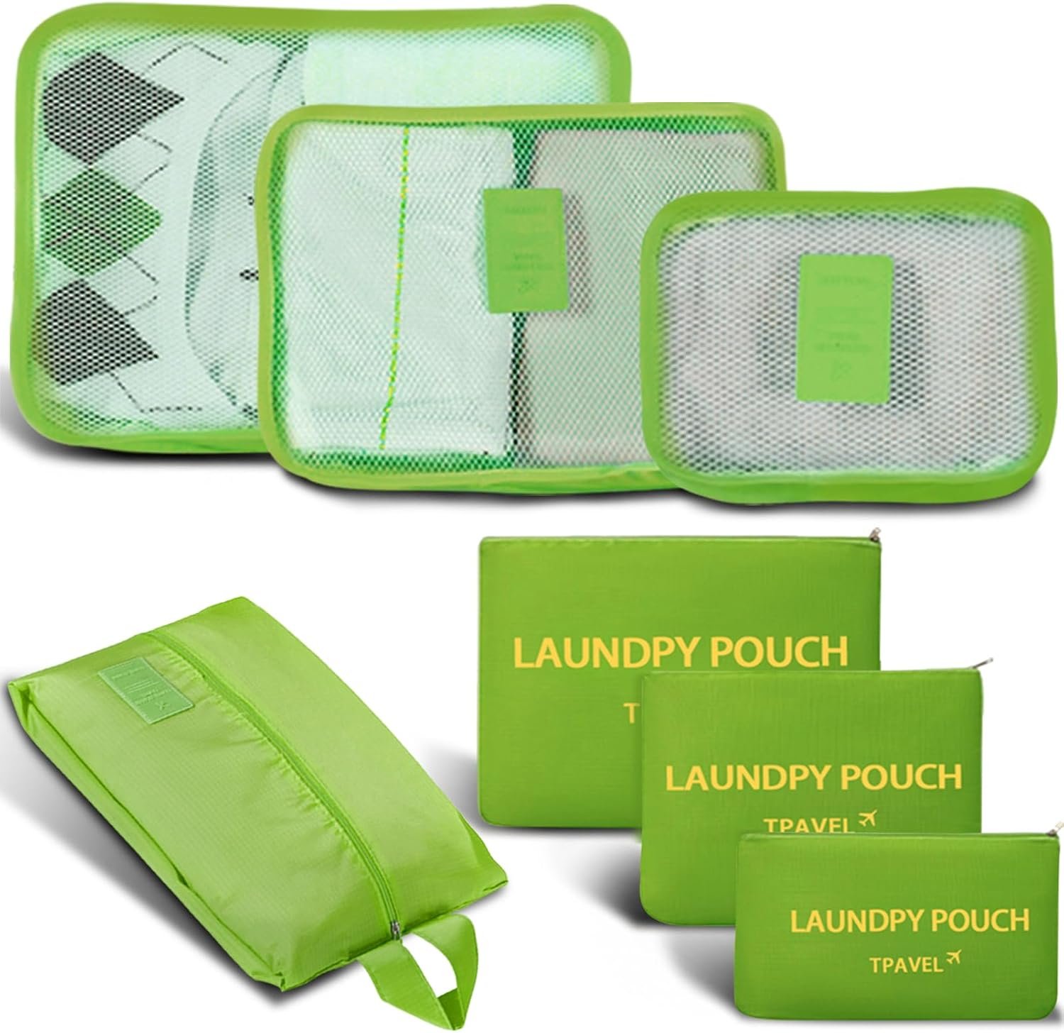 7 Set Packing Cubes for Travel Luggage Packing Bags Reusable Waterproof Suitcase Organizer Bags Set with Shoe Bag and Toiletry Bag (Green)