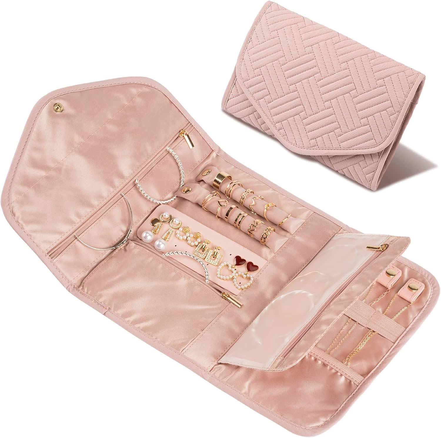 Amrules Travel Jewelry Roll Organizer Bag, Medium, Pink