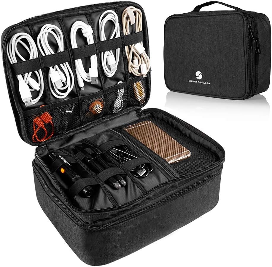 Travel Electronics Organizer, Waterproof Cable Organizer Bag for Electronic Accessories Double Layer Large Shockproof Cable Storage Bag for Cord, Power Bank, Tablet(Up to iPad 11 inch) – Black