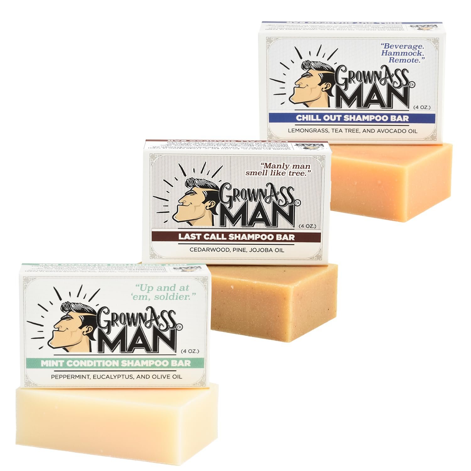 Grown Ass Man Co. – Solid Shampoo Bar Rich Lather 3 in 1: Hair, Beard & Body Wash – Plastic Free & Eco-Friendly, Natural & Organic Clean for All Hair Types, 4oz Bar (Variety, 3-Pack)