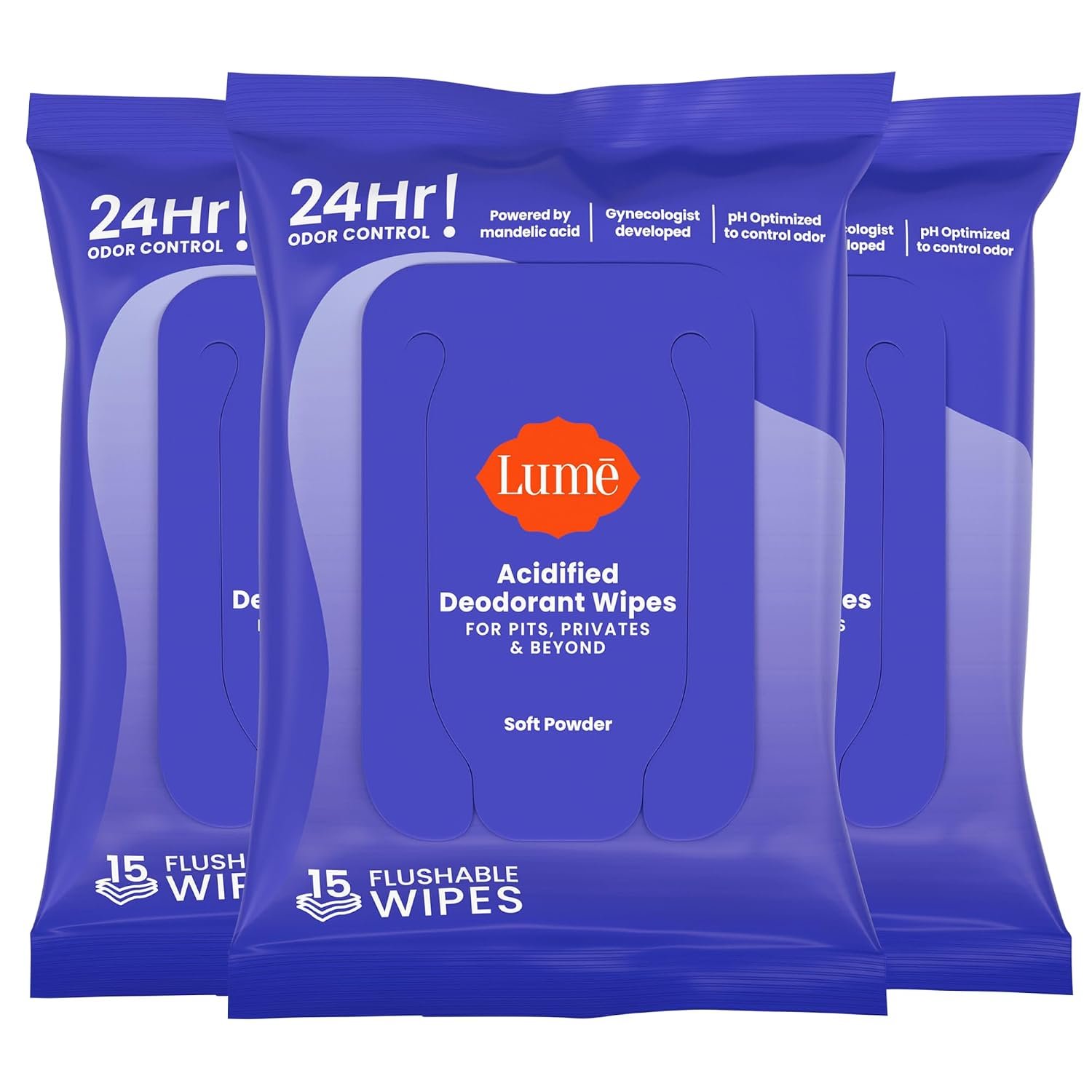 Lume Acidified Deodorant Wipes – 15 ct, 3 pk (Soft Powder)