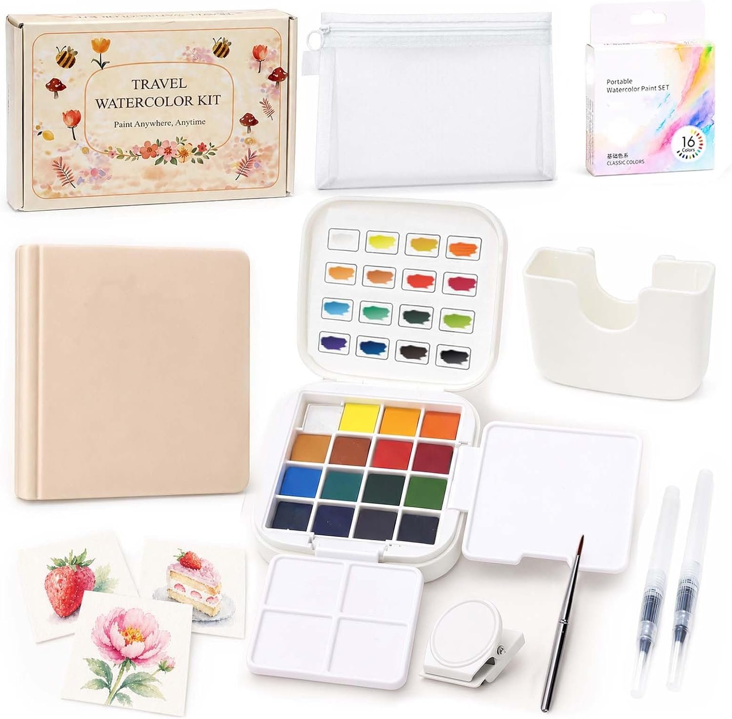 Mini Travel Watercolor Paint Set – Pocket Water Colors Paint Kit with 16 Colors, Sketchbook, Brush, Clip, Portable Watercolor Painting Art Kit for Adult, Beginners, Artists & Painting Enthusiasts