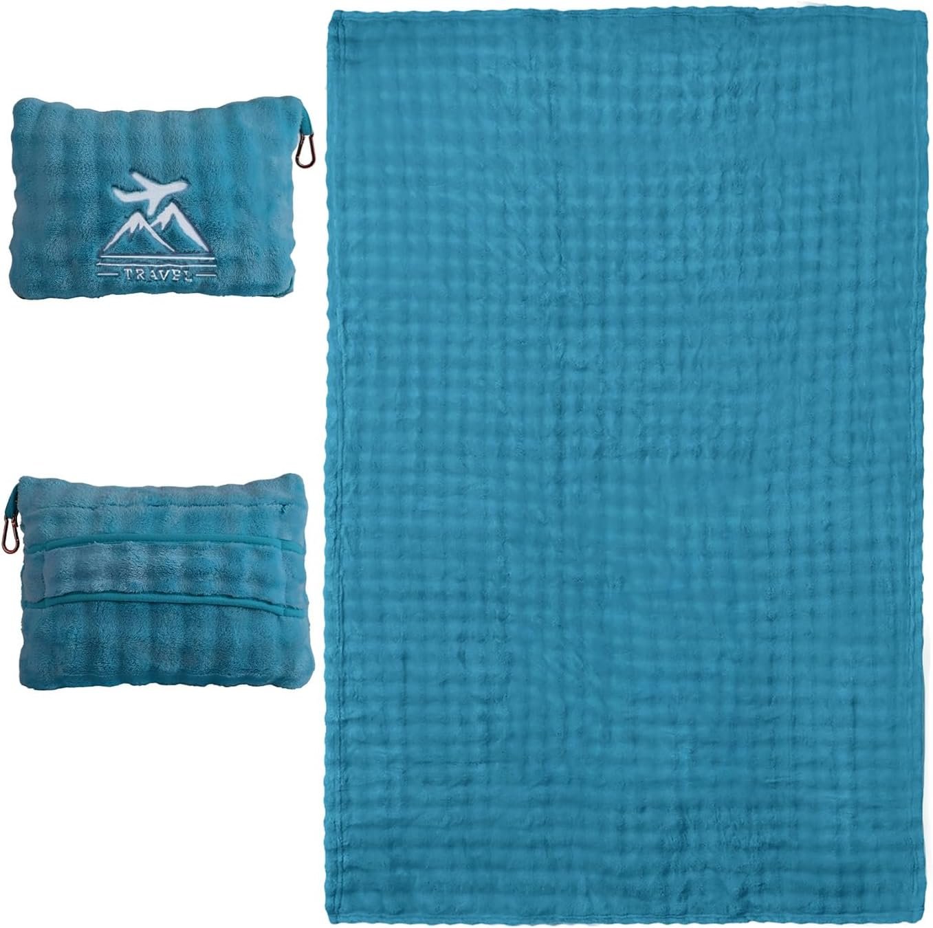 Travel Blanket and Pillow-2-in-1, Ultra-Soft&Compact, Airplane Blanket with Hand Luggage Belt and Backpack Clip,Travelers Accessories Gifts, 61×43 Inches（Green）