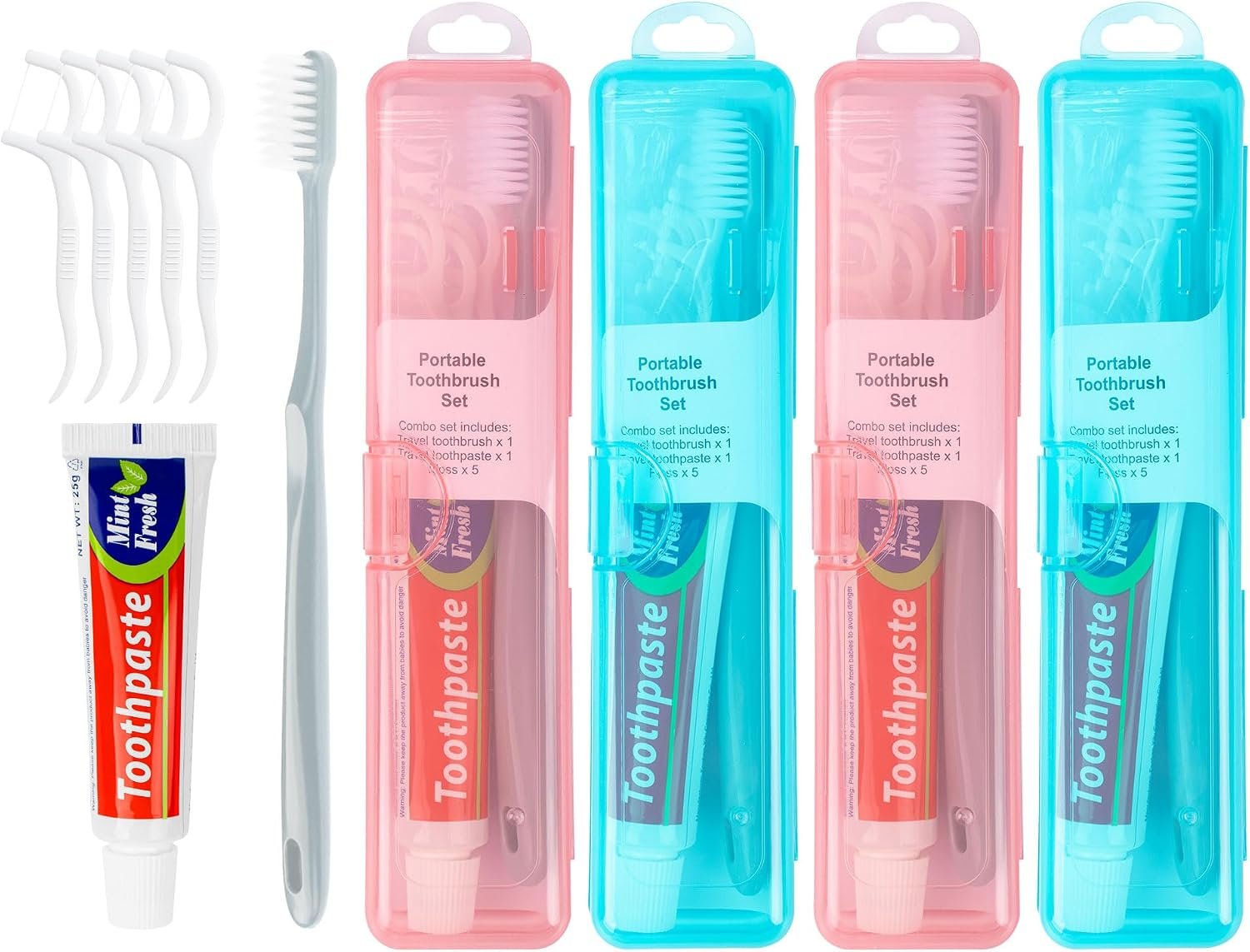 Travel Toothbrush Kit, Individually Wrapped (Blue, Pink, 4-Pack)