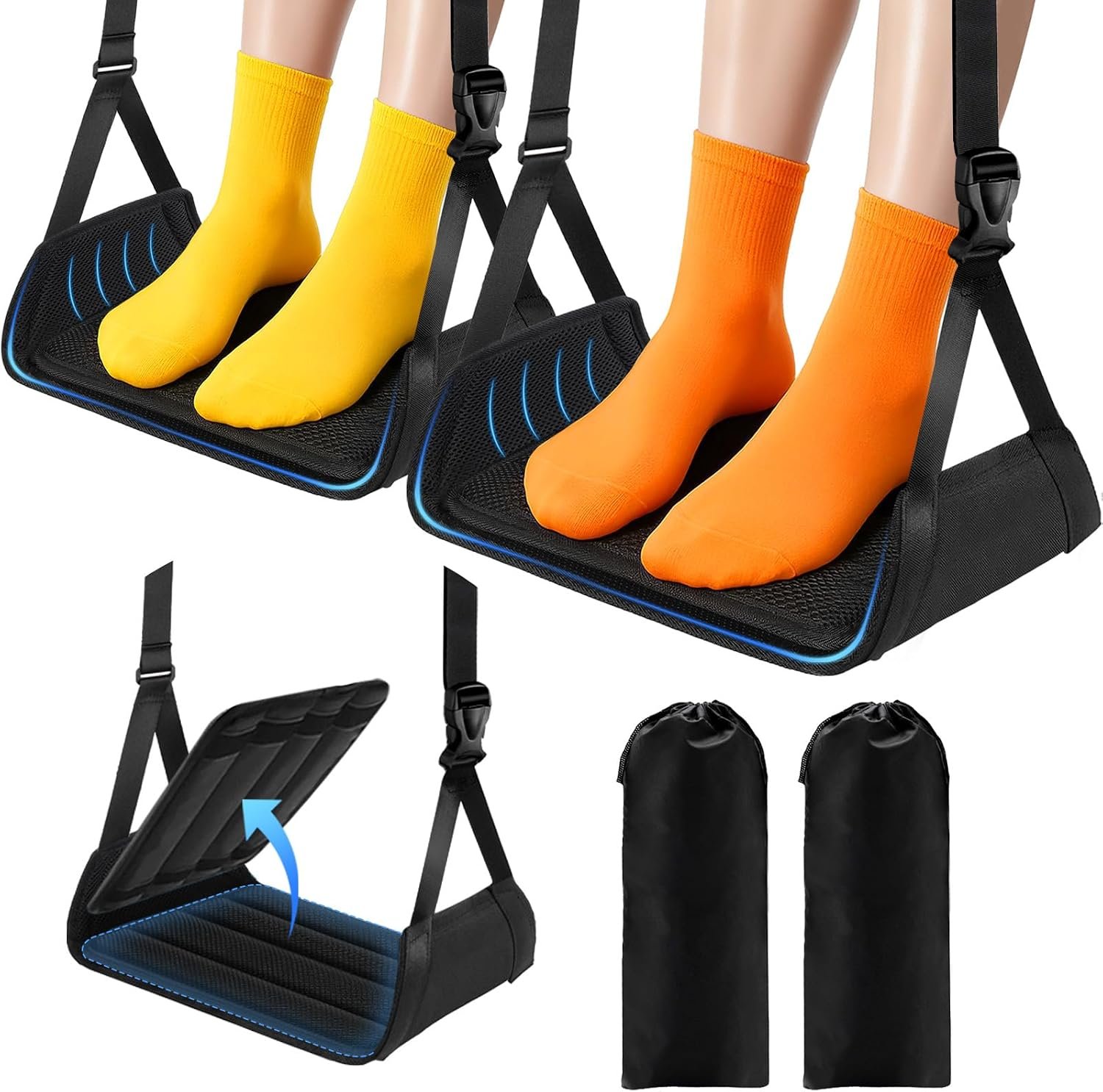 2 Pack Airplane Foot Rest – Lightweight Foot Hammock for Plane Travel with Adjustable Strap & Thick Board, Tray Table Under Desk Footrest to Relax Feet, Travel Essentials for Long Flights(Black)