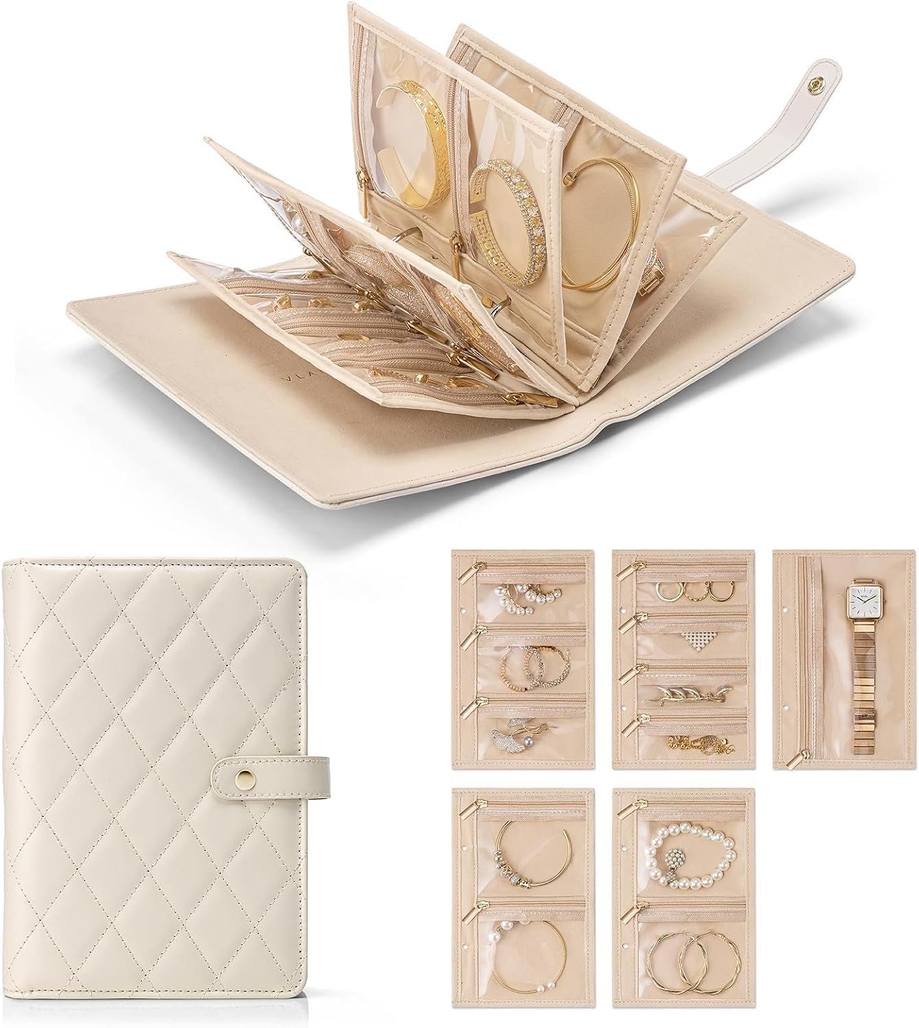 VLANDO Jewelry Case,Loose-Leaf with Clear Velvet Pouches,Cream White