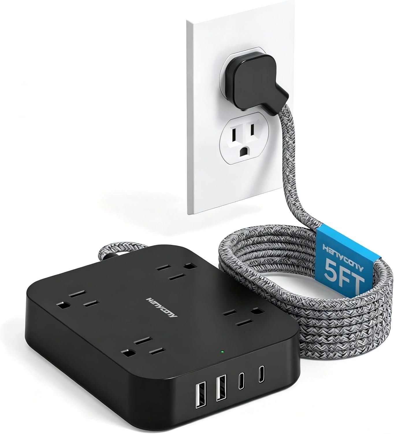 5 Ft Braided Extension Cord, Ultra-Thin Flat Plug, 4 Widely Spaced Outlets