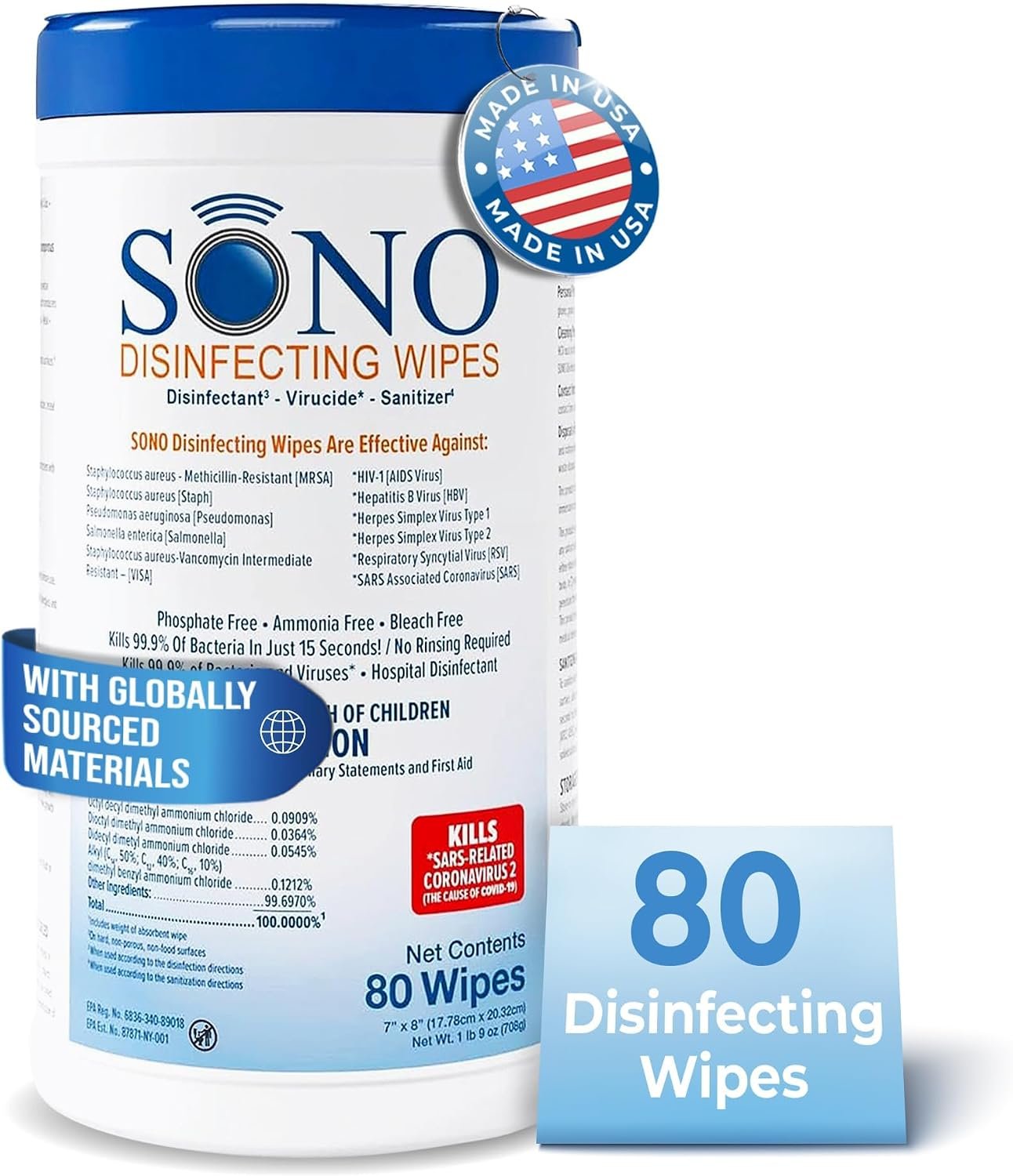 SONO Disinfecting Wipes – Alcohol-Free, No Bleach, Medical-Grade I Multi-Surface Cleaning for Home, School, Office, Hospital, Gym I Gentle on Electronic Devices I Everyday Use I 80 CT