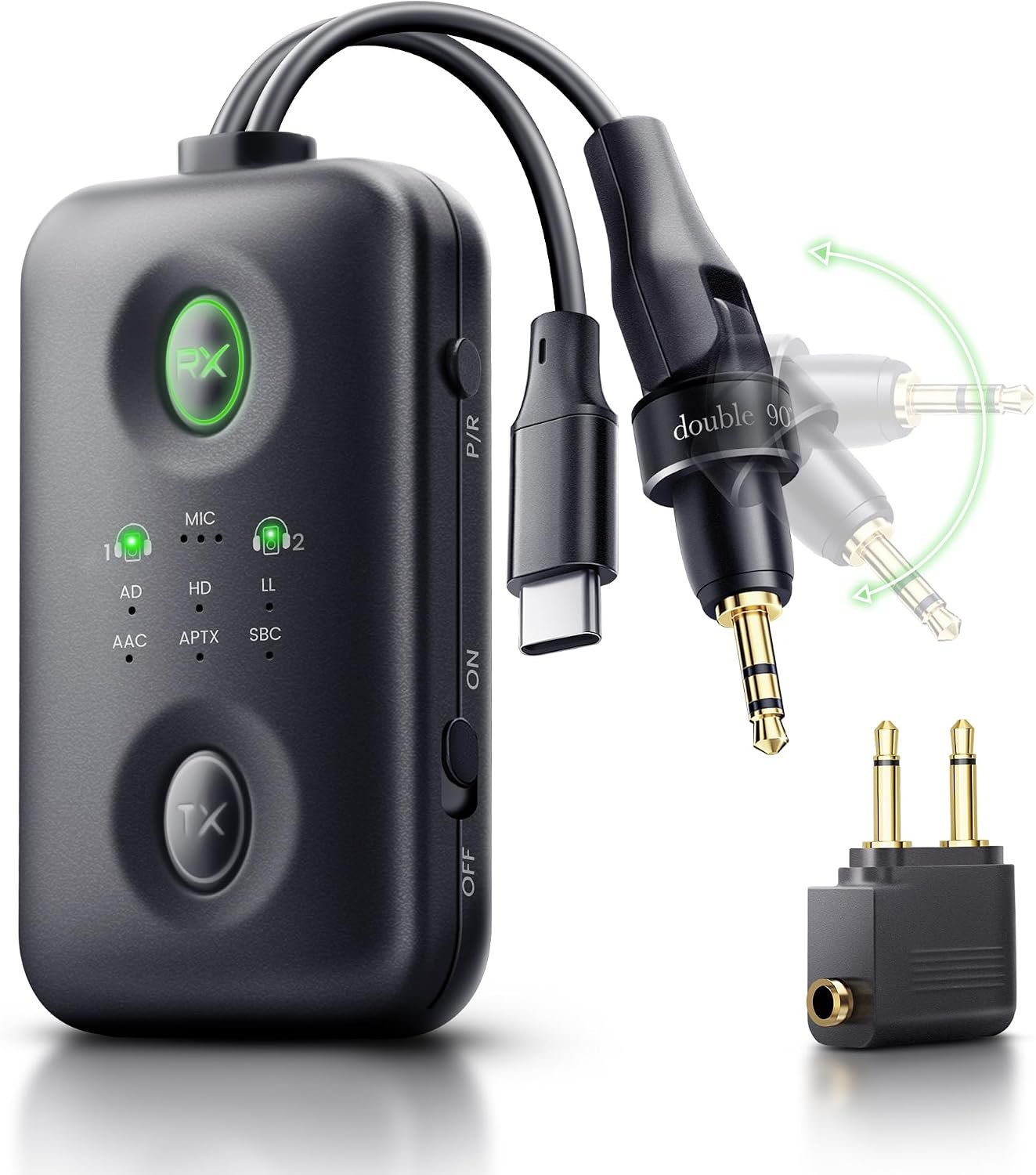 Unique Design Bluetooth 5.4 Transmitter Receiver with Qualcomm aptX Adaptive for Dual AirPods/Headphones, 3.5mm Aux Jack & USB C Bluetooth Adapter for Airplane/TV/PS5/Gym/Phone (for Flight)