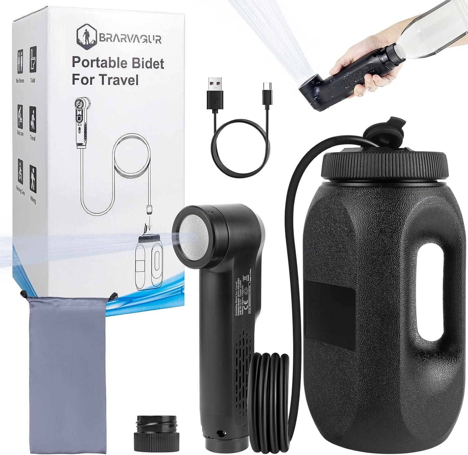 Portable Bidet for Travel, 1600mAh Electric Handheld Bidet with 2.5L Tank