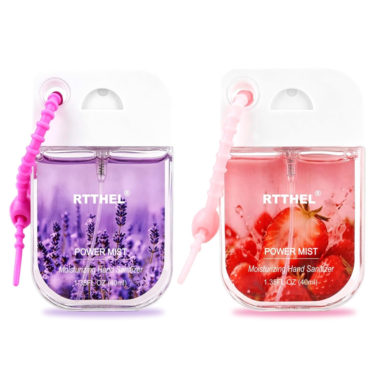 2Pack Hand Sanitizer Spray Keychain, Mini Travel-Size Portable Power Mist Sprayer for Women Teens Kids, Enriched with Mineral Oil & Aloe Vera for Moisturizing (Strawberry, Lavender)