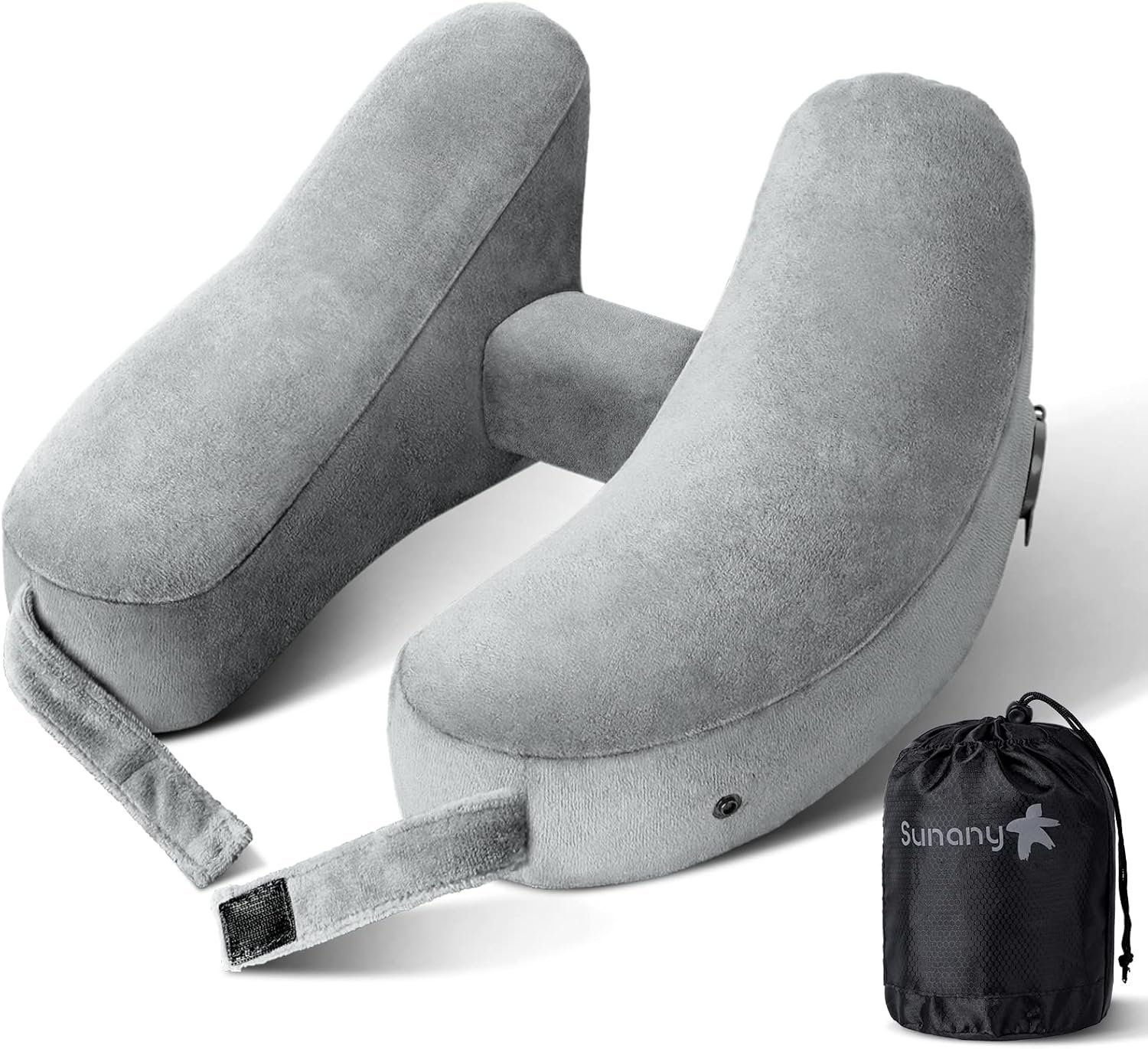Sunany Travel Neck Pillow for Airplane Pillow Comfortably Supports Head, Neck and Chin, Inflatable Travel Pillow with Soft Velour Cover and Portable Drawstring Bag (Grey, H-Shape)