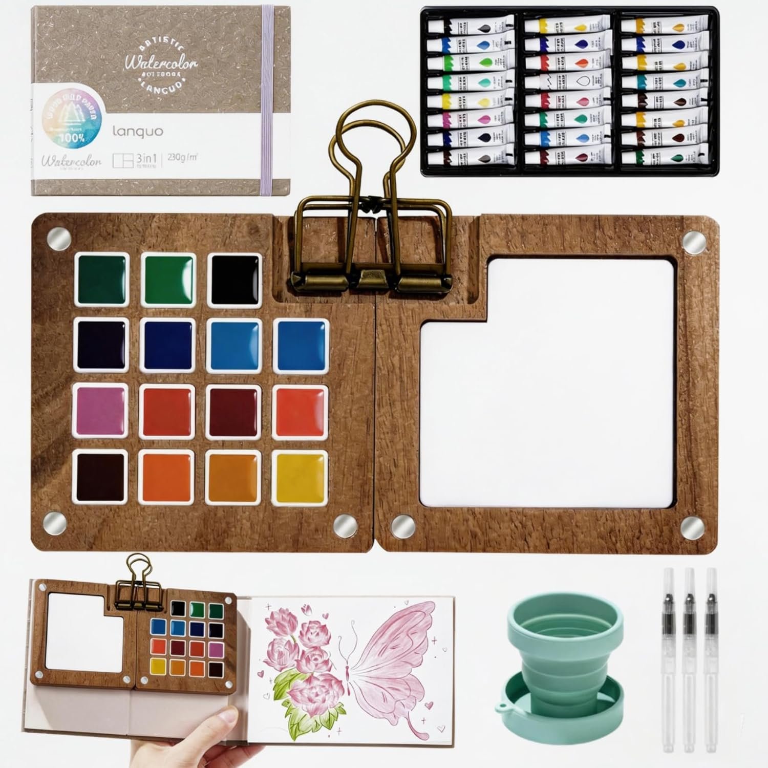 Mini Watercolor Paint Set, Watercolor Travel Paint Kit with Wooden Palette, Crossbody Bag, Water color journal, Water Brush, Water Cup, Metal Clip, for Artists, Beginners and Adults