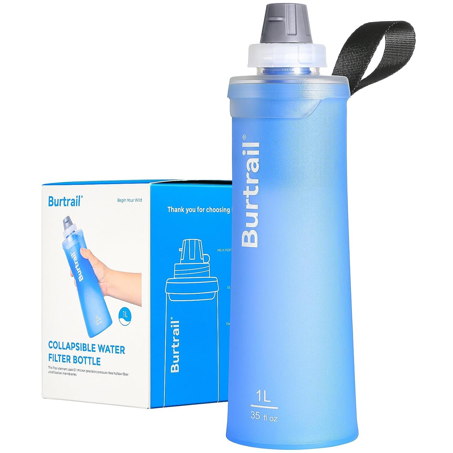 1.0L Collapsible Water Filter Bottle, BPA-Free Ultralight & Durable Squeeze Bottle with 42mm Filter Cap Cartridge, Filtered Water Bottle for Camping, Hiking, Backpacking, Survival & Travel