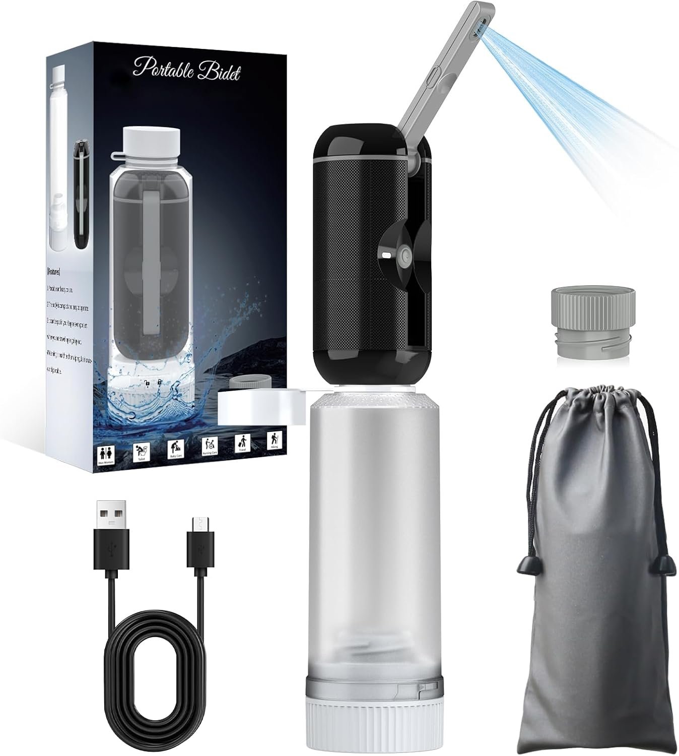 Portable Bidet for Travel, Rechargeable Waterproof Sprayer, Black