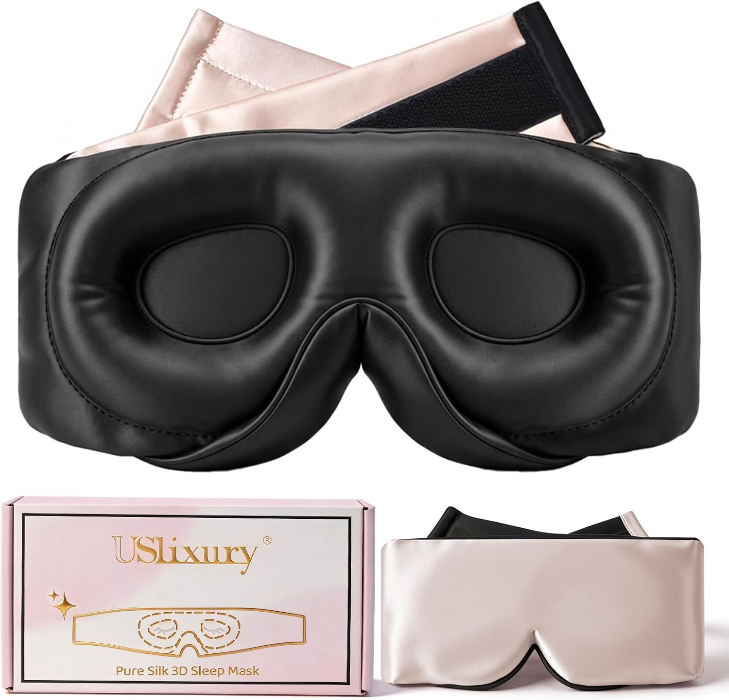 USlixury® 3D Contoured Silk Sleep Mask, Total Blackout&Zero Eye Pressure