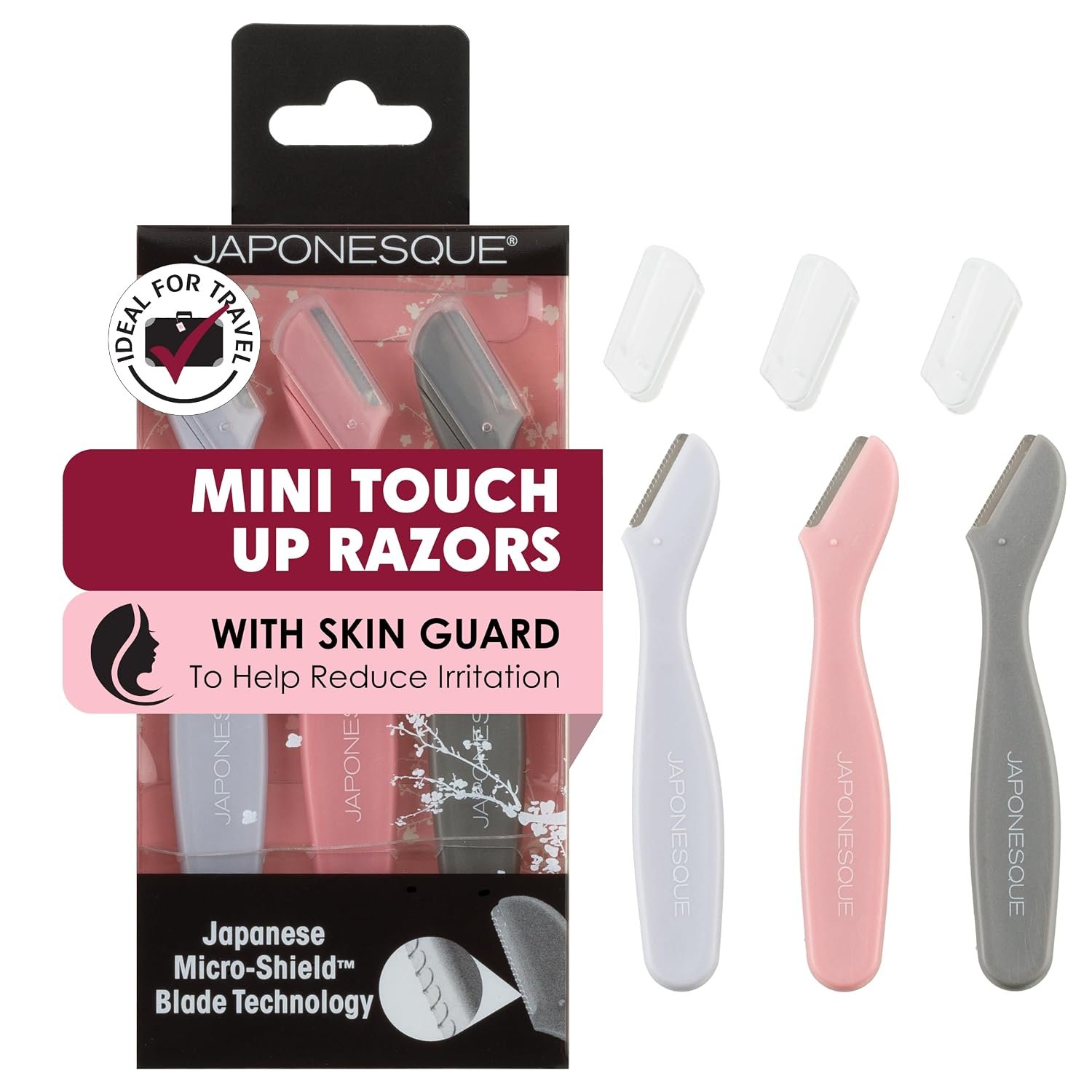 JAPONESQUE Mini Touch Up Razors – Travel Size Dermaplaning Tool Set – 3 Piece Mini Travel Razor Kit, One Blade Fixed Dermaplane Razor For Women