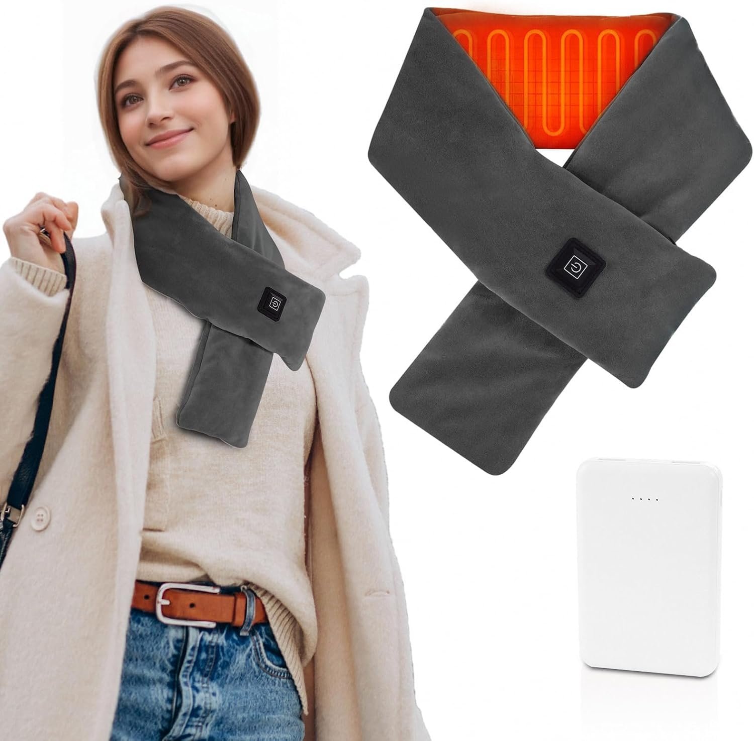 Girasol Heated Neck Wrap Heated Scarf for Neck Pain Relief, Neck Heating Pad with 5000mAh Power Bank, Cordless Thermal Neck Brace Electric Heated Neck Warmer with 3 Heating Levels (Dark Grey)