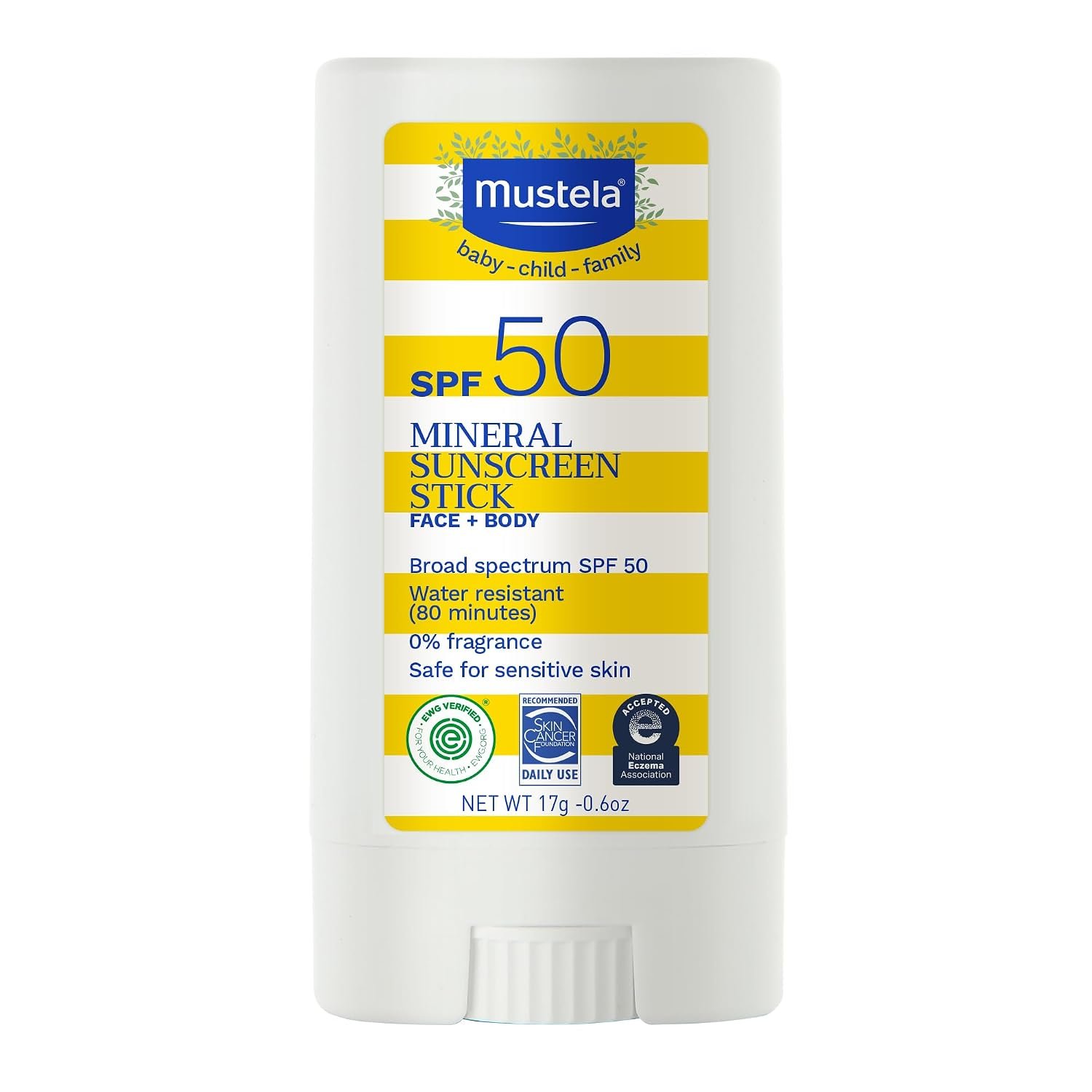 Mustela Baby Mineral Sunscreen Stick SPF 50 Broad Spectrum – Face & Body Sun Stick with 70% Organic Ingredients – Ultra Sheer, Water Resistant & Fragrance-Free – 0.6 oz.