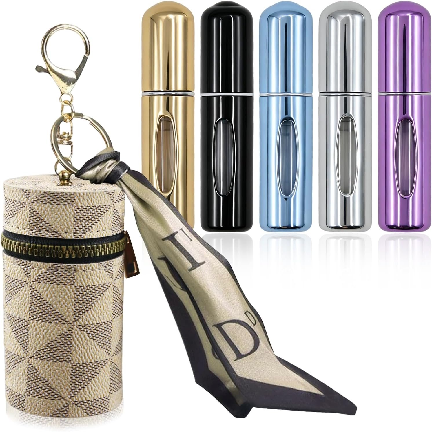 Mini Refillable Perfume Atomizer, 5ml 5 Pack Portable Travel Spray Bottles, Leak-Proof Aluminum Sprayers with Carry Bag