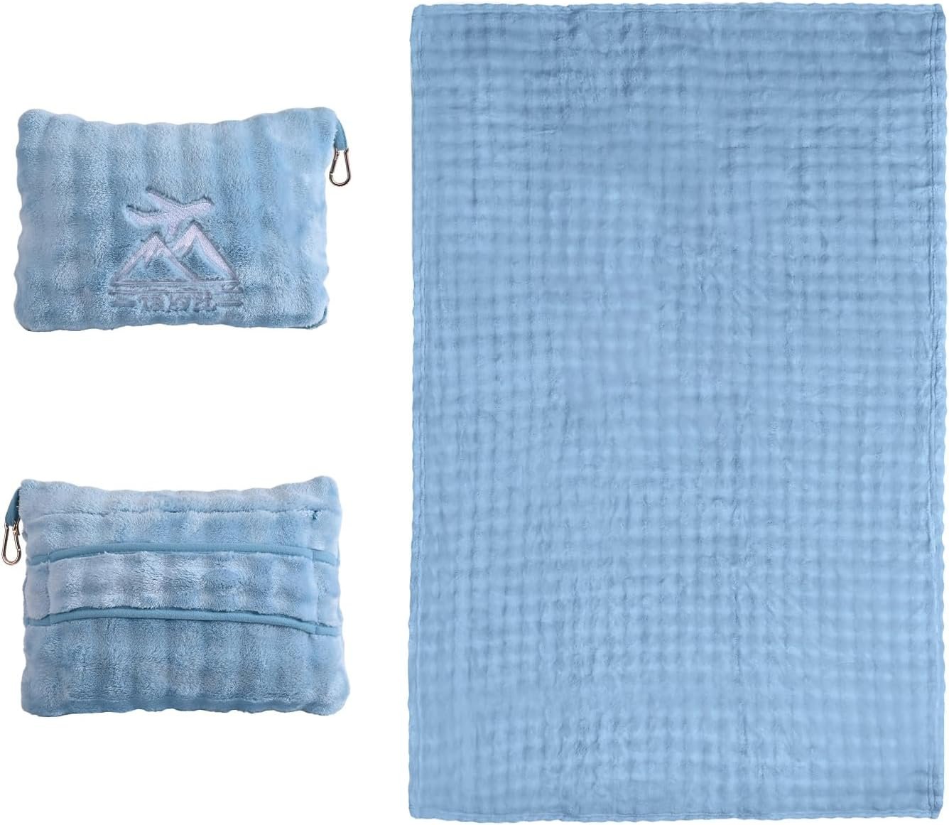 Travel Blanket and Pillow-2-in-1, Ultra-Soft&Compact, Airplane Blanket with Hand Luggage Belt and Backpack Clip,Travelers Accessories Gifts, 61×43 Inches（Blue）