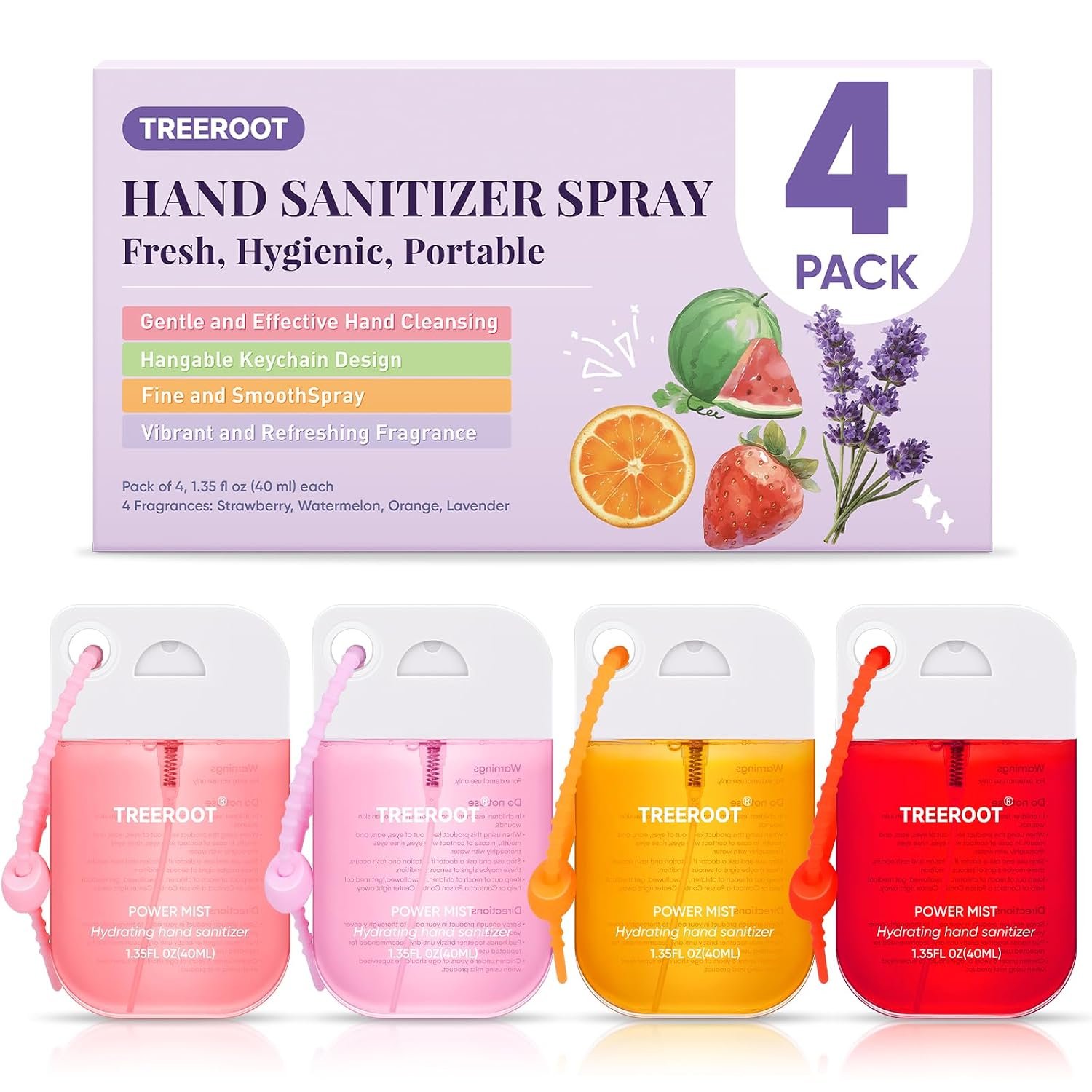 Treeroot 4 Pack Hand Sanitizer Spray, Alcohol-Free Hydrating Travel Size